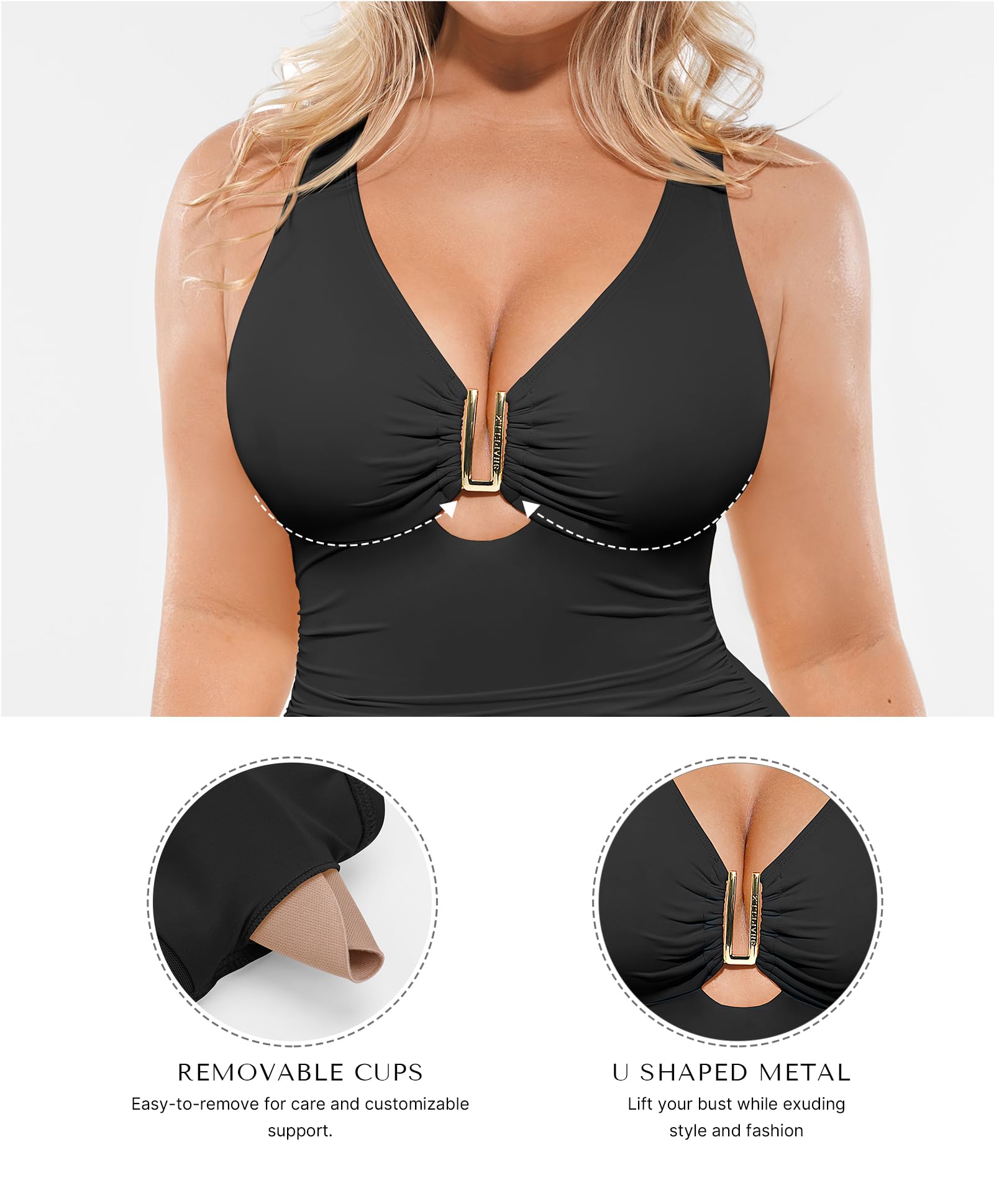 SHAPELLX Tummy Control Swimsuit for Women Ruched V Neck One Piece Bathing Suit Full Coverage Shapewear Swimsuits Black L