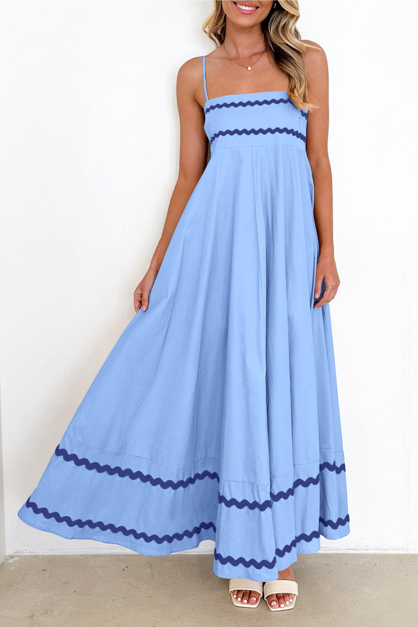 PRETTYGARDEN Women's 2025 Summer Flowy Maxi Dress Casual Sleeveless Spaghetti Strap Ruffle Beach Long Dresses (Light Blue,Large)