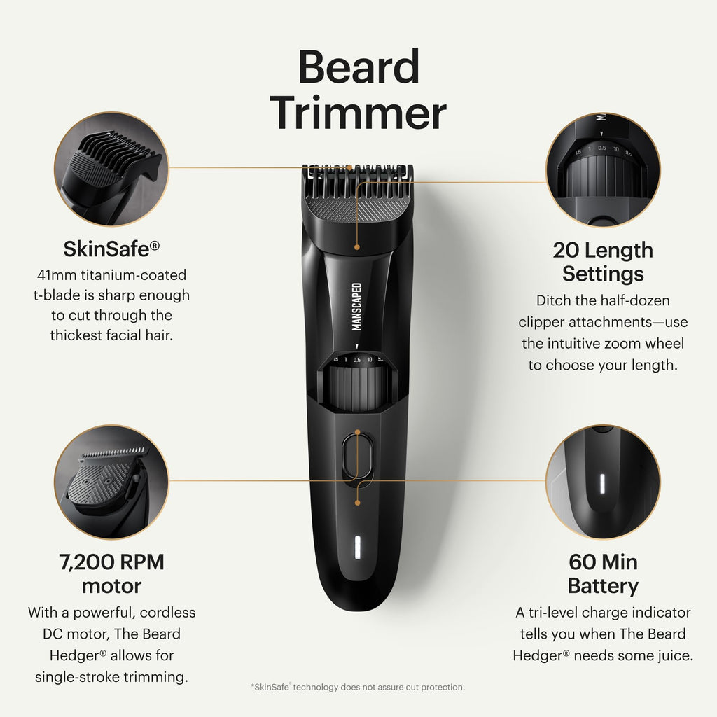MANSCAPED® The Beard Hedger® Men's Premium Beard Trimmer, 20 Length Adjustable Blade Wheel, Stainless Steel T-Blade for Precision Facial Hair Trimming, Cordless Waterproof Wet/Dry Clipper