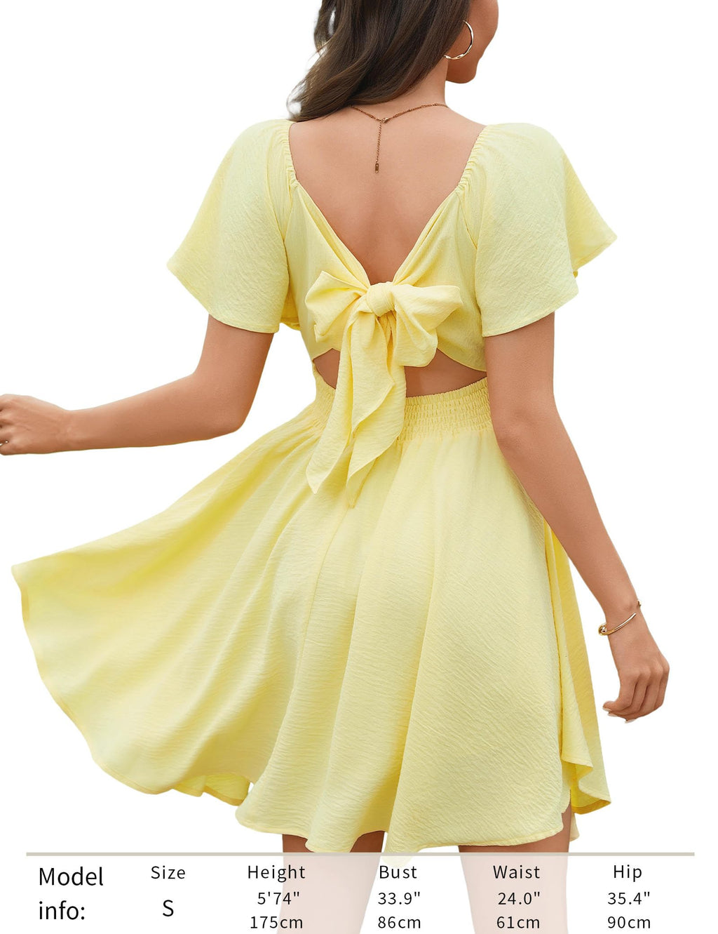 Florboom Women's Summer Sweetheart Neckline Short Sleeve Sexy Mini Dresses Knot Front Chiffon Going Out Picnic Flowy Dress (Yellow, S)