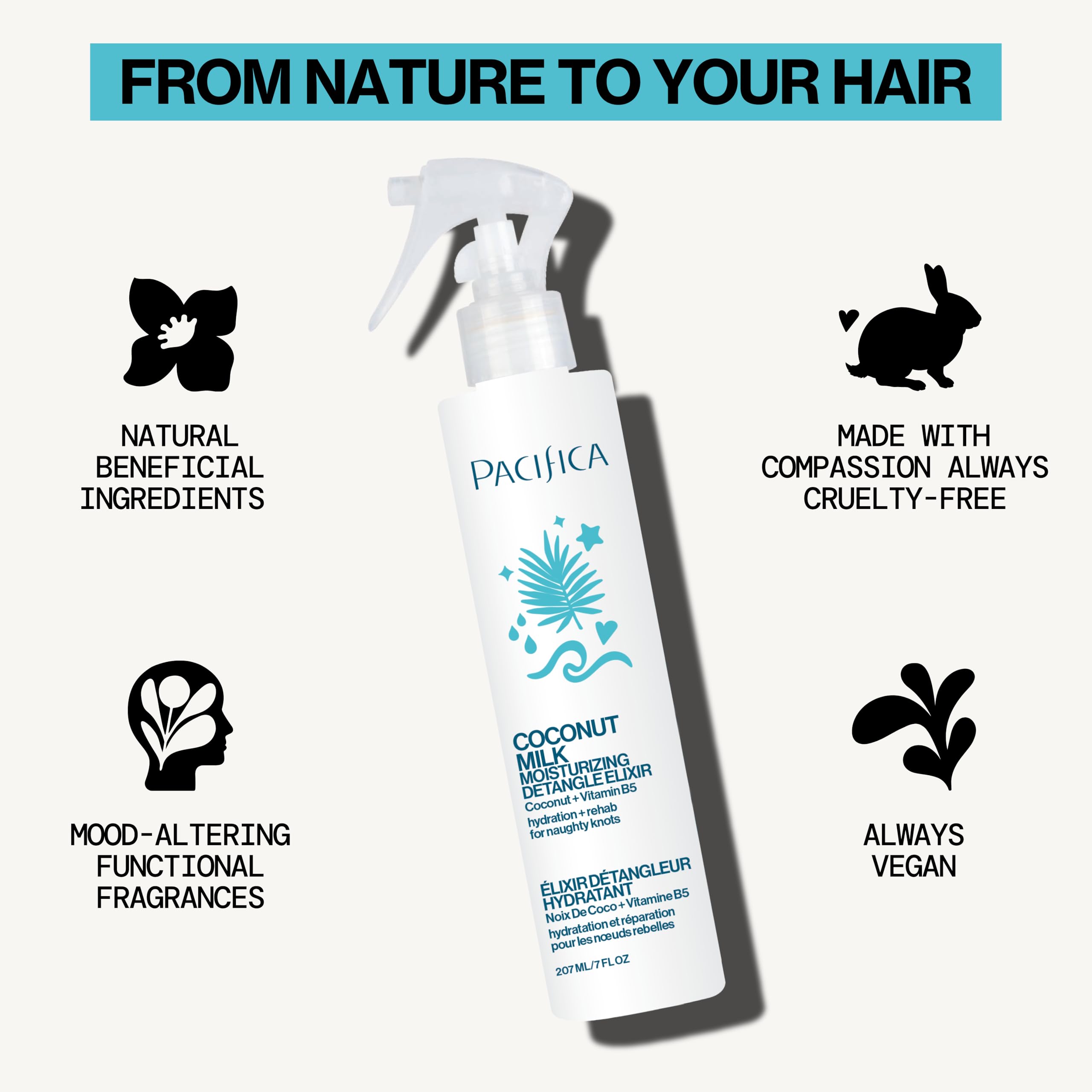 Pacifica Coconut Milk Hair Detangler Spray – Leave-In Conditioning Elixir for Tangle-Free Hair – Instantly Detangles Knots, Adds Shine & Moisture, Prevents Breakage & Frizz – Vegan & Cruelty-Free