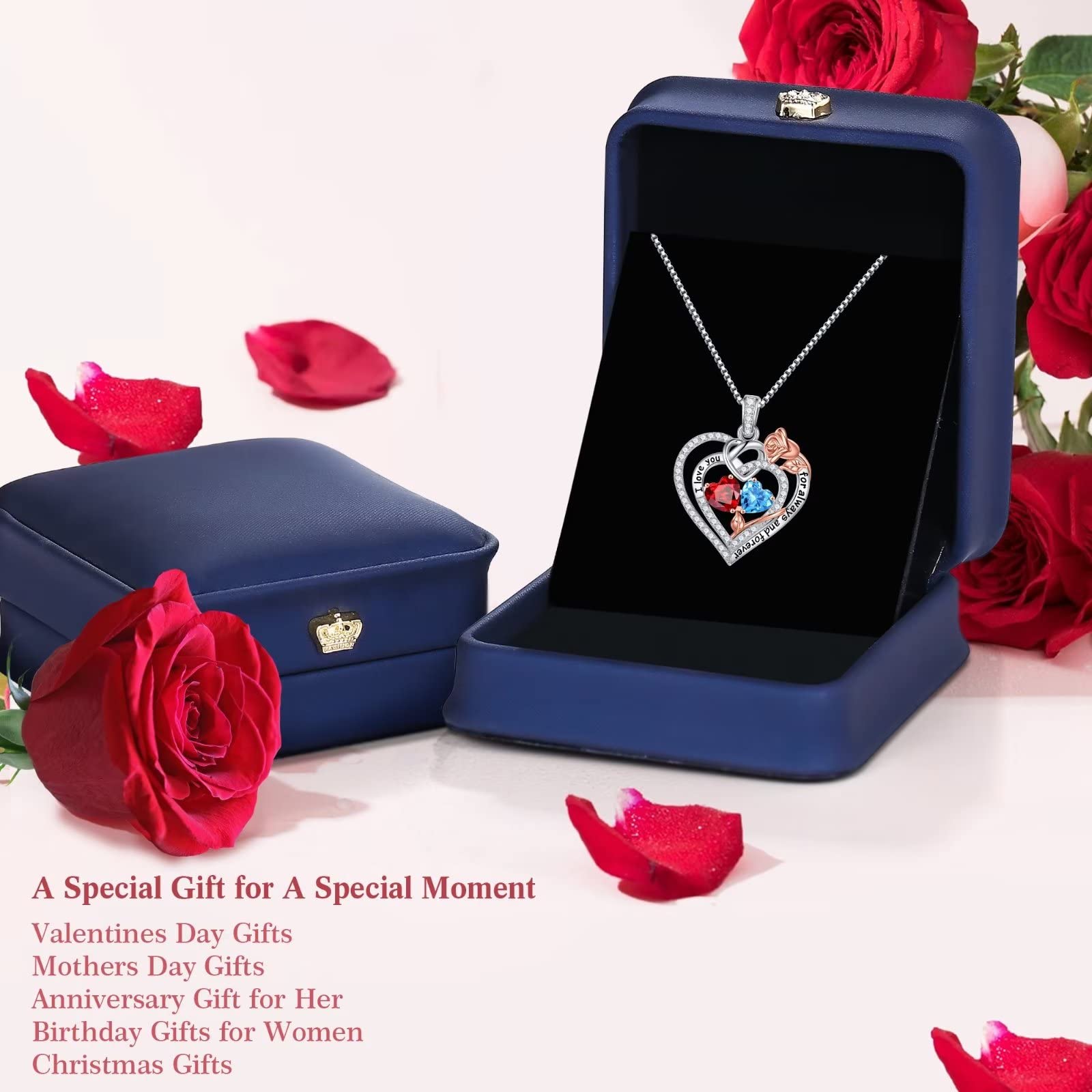 Iefil Gifts for Wife - Anniversary Ideas Gifts for Women Wife Her, Rose Heart Birthstone Necklace | Sapphire Blue Necklace