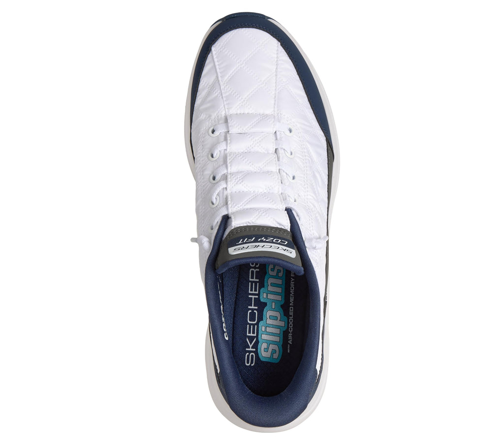 Skechers Men's Contour Foam Cozy Fit Hands Free Slip-in Sneaker,White/Navy,9 Wide