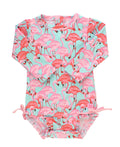 RuffleButts Baby Girls UPF 50+ Sun Protection Tropical Print Long Sleeve One Piece Rash Guard Swimsuit with Zipper - Fab Flamingo, 3-6m