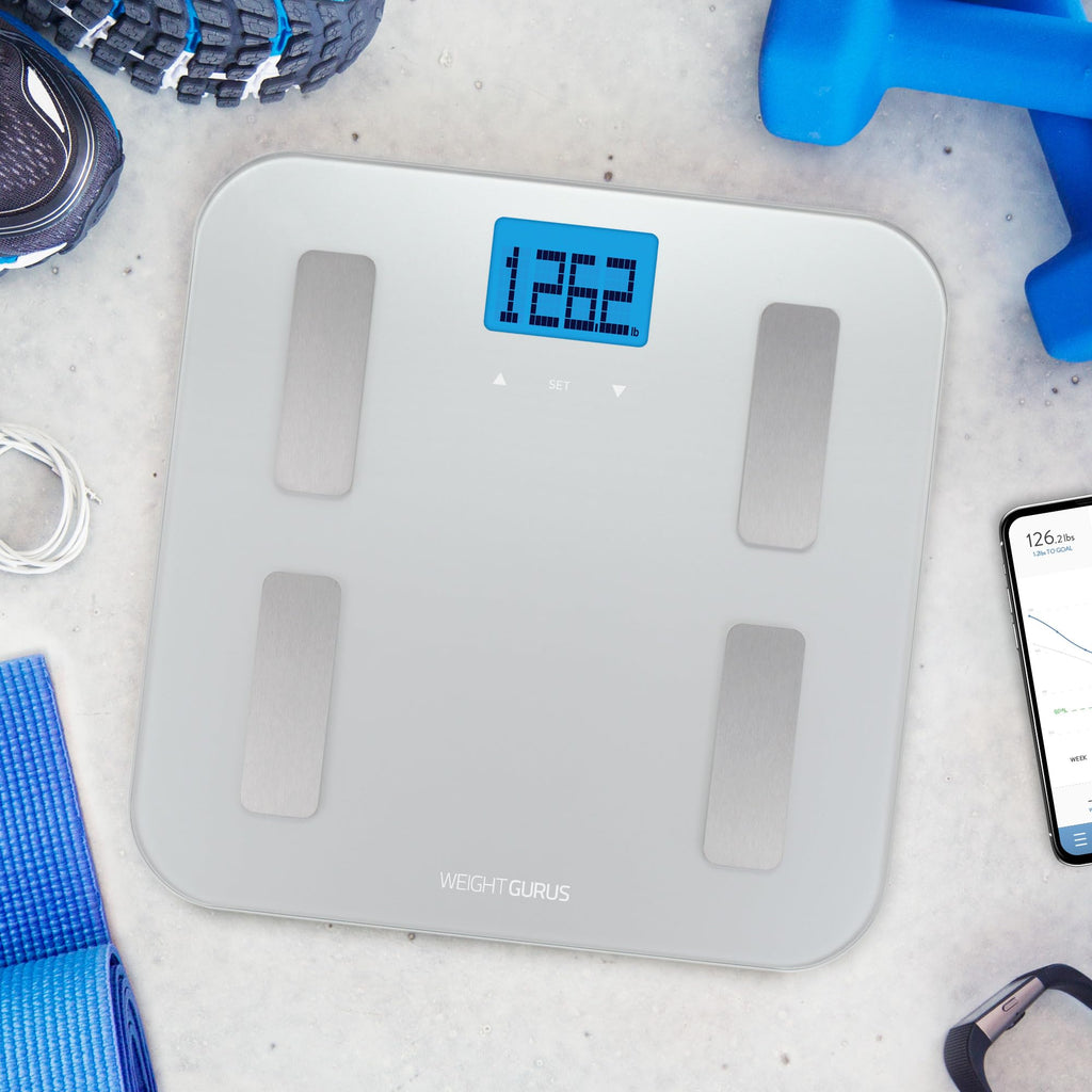 Weight Gurus Digital Body Fat Scale with Large Backlit LCD and Smartphone Tracking (Silver)