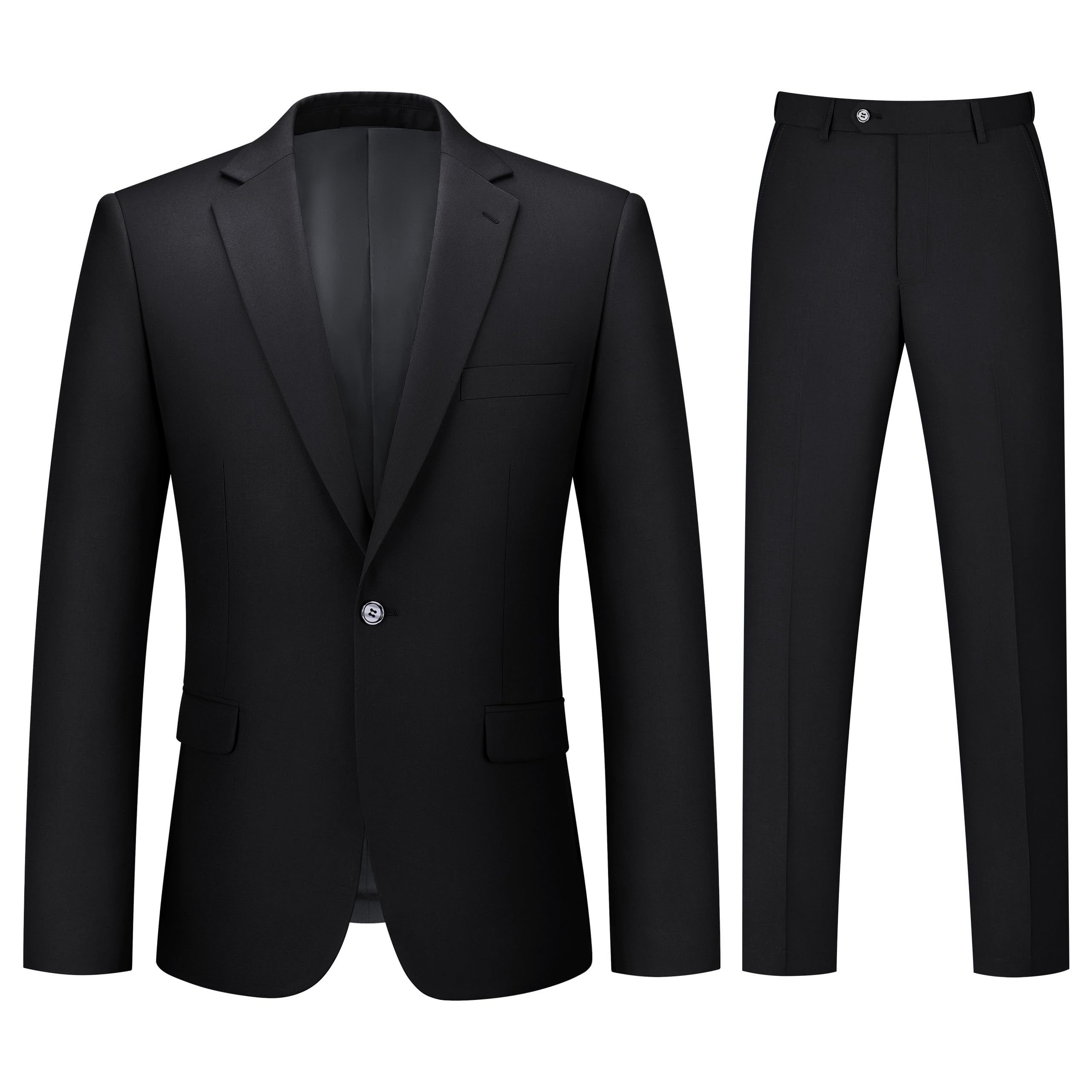 LORENZO BRUNO Mens Suit 2 Piece Black Suits for Men One Button Slim Fit Solid Jacket & Pants Tuxedo Set Business Wedding Party, Black, L