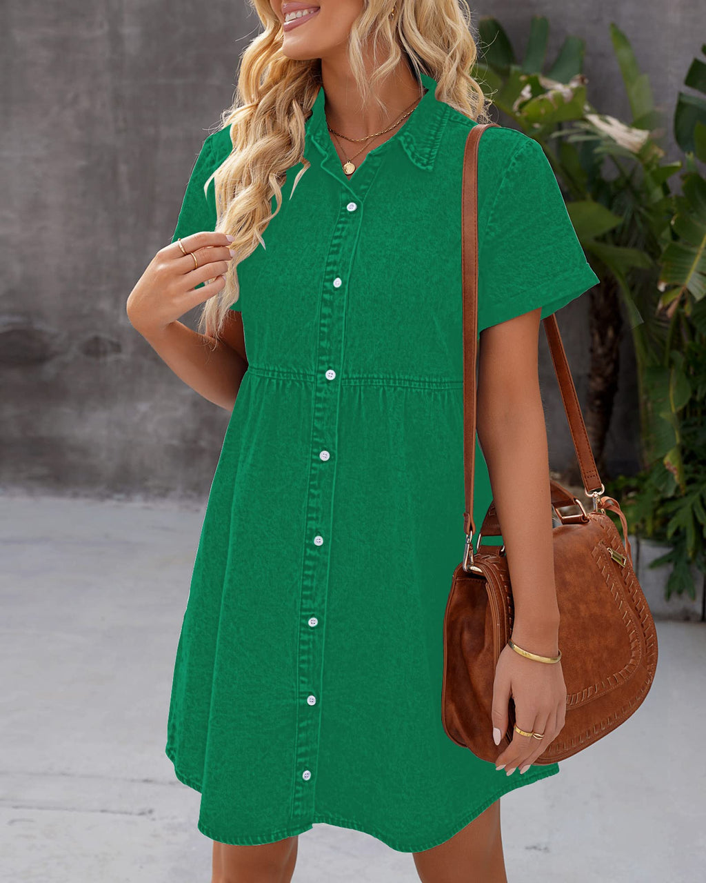 LookbookStore Green Denim Dress for Women St Patricks Day Dress 2025 Trendy Short Sleeves Jean Dresses Size L Size 12 14