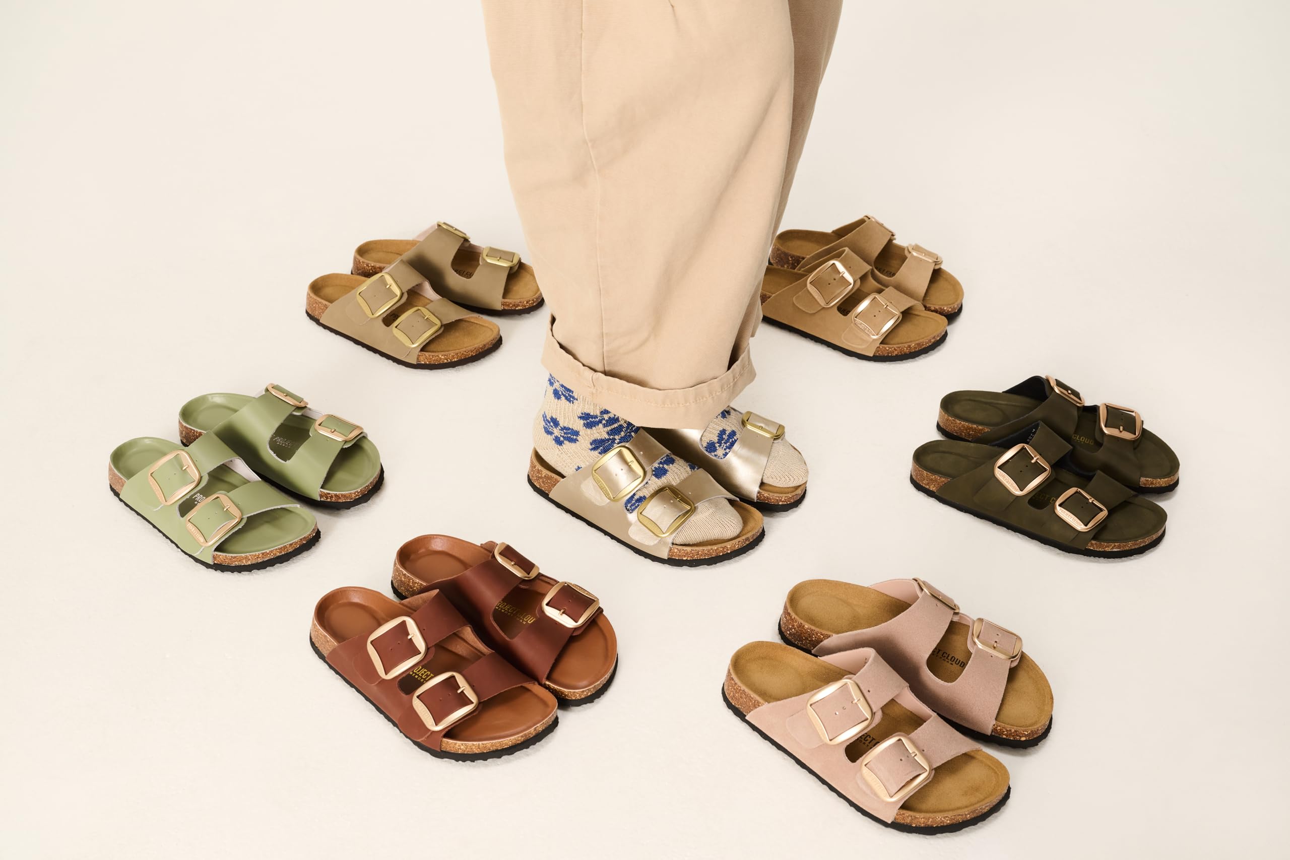 Project Cloud Genuine Leather Flat Sandals for Women 2026 Comfortable Beach Essentials Womens Sandals Memory Foam Vacation Essentials Slides for Women Footwear (Santorini, CREVLEA,10M)