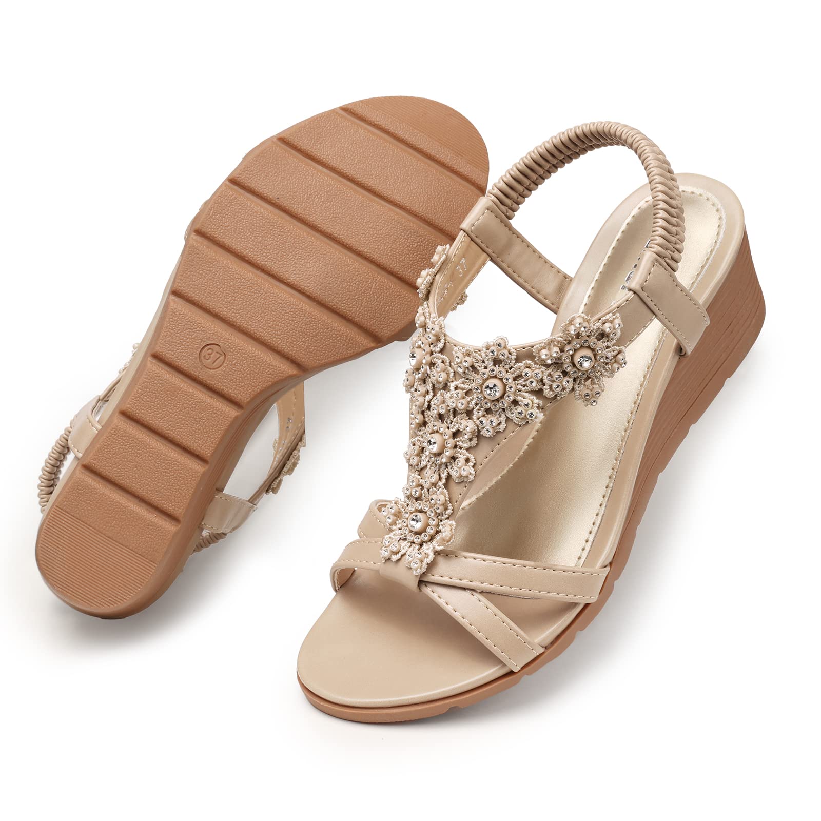 TEMOFON Women's Low Wedge Heels Summer Dressy Platform Sandals Elastic Ankle Strap Open Toe Flower Shoes Nude Size 8