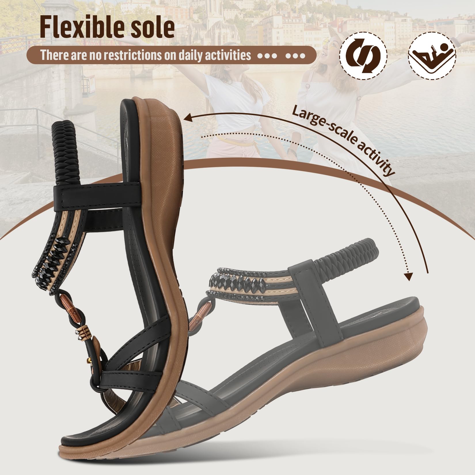 Littleplum Womens Flat Sandals Arch Support Summer Beach Sandals Comfort Walking Shoes Dress Ankle Elastic Bohemian Sandals for Women Black Size 8.5