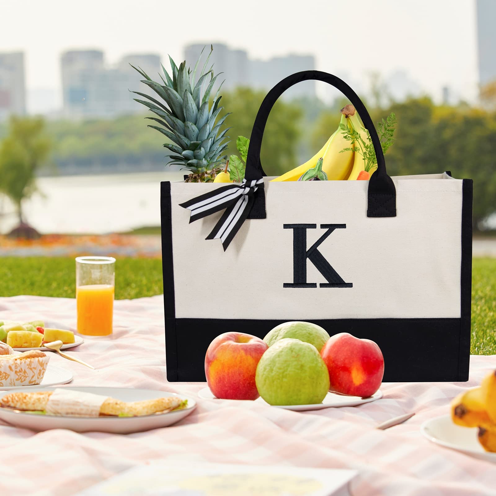 TOPDesign Embroidery Initial Canvas Tote Bag, Personalized Present Suitable for Wedding, Birthday, Beach, Holiday, is a Great Gift Women, Mom, Teachers, Friends, Bridesmaids (Letter K)