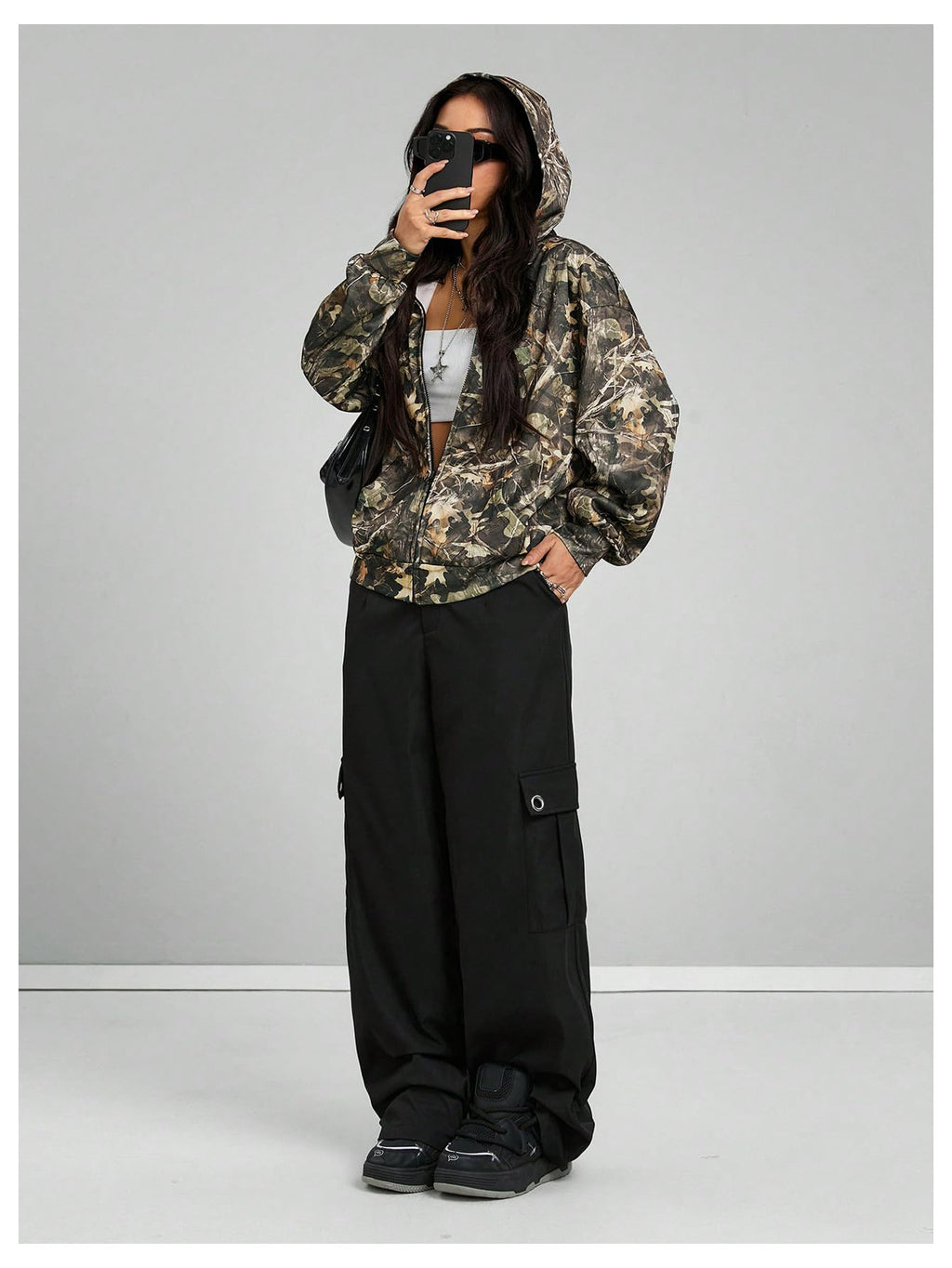 SOLY HUX Women's Y2k Camo Oversized Hoodie Vintage Zip Up Drop Shoulder Streetwear Sweatshirts with Pockets Army Green Camo Medium