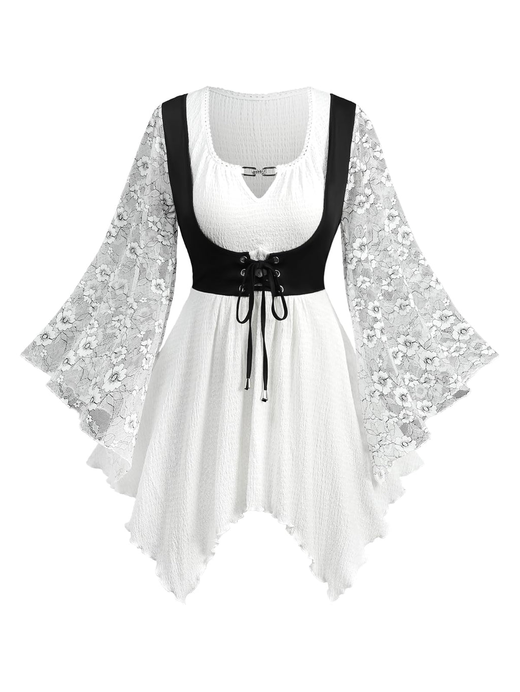 ROSE GAL Plus Size Renaissance Fairy Shirt for Women Lace Bell Sleeves Keyhole Handkerchie Lace-up Corset Top Victorian Medieval Costume Peasant Blouse(White_1/1X)