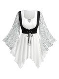 ROSE GAL Plus Size Renaissance Fairy Shirt for Women Lace Bell Sleeves Keyhole Handkerchie Lace-up Corset Top Victorian Medieval Costume Peasant Blouse(White_1/1X)