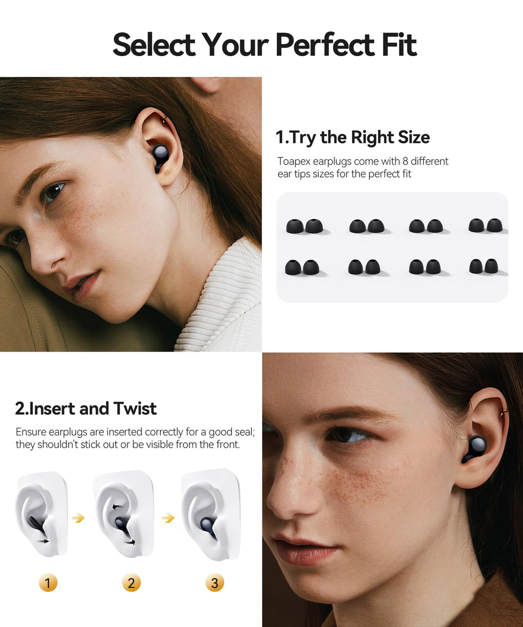 Ear Plugs for Sleeping 45dB Noise Cancelling Ear Plugs for Noise Reduction & Snoring, Concerts, Earplugs for Sleep, Sider Sleepers Airplane, Silicone Earplugs Reusable Concert Ear Plug +8Tip Obsidian