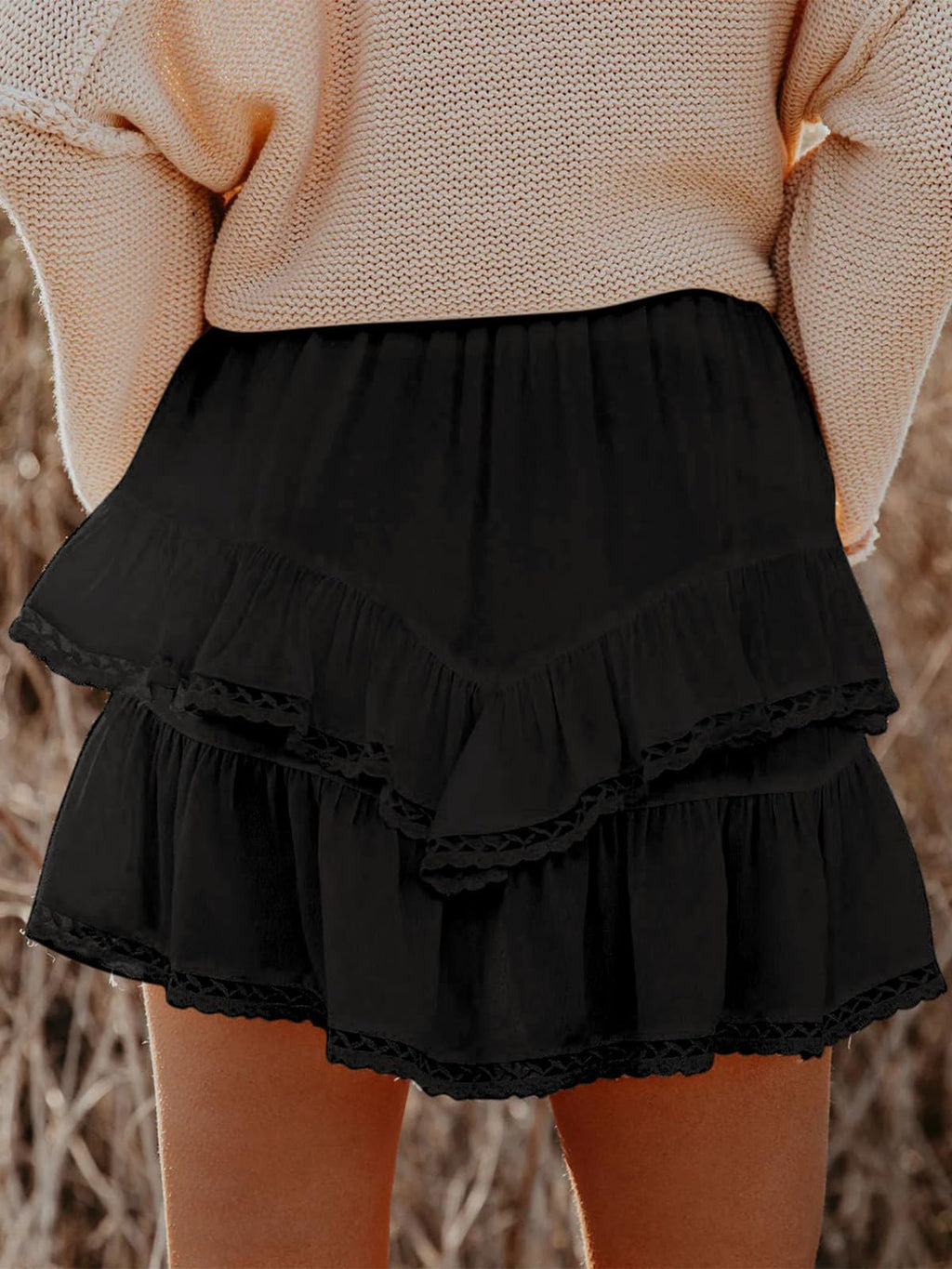 Aoudery Flowy Shorts for Women Casual Boho Ruffle Tiered Skorts High Waist Mini Skirts Golf Tennis Butterfly Crochet Shorts - Black M