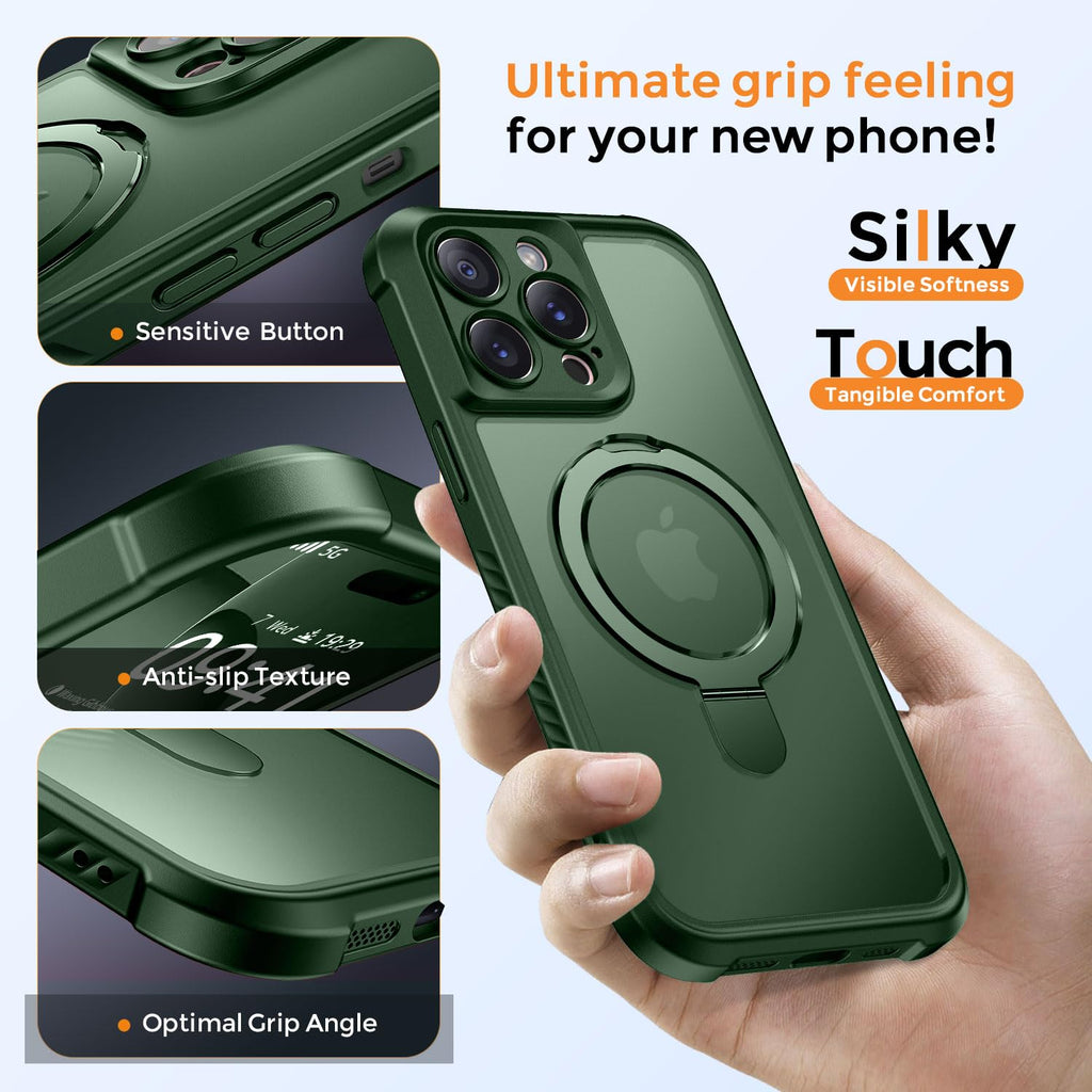 MOCCA Design for iPhone 14 Pro Case with Magnetic Invisible Stand [Full Camera Protection] [Compatible with Magsafe] Military Drop Shockproof Translucent Matte Phone Case Cover 6.1",Dark Green