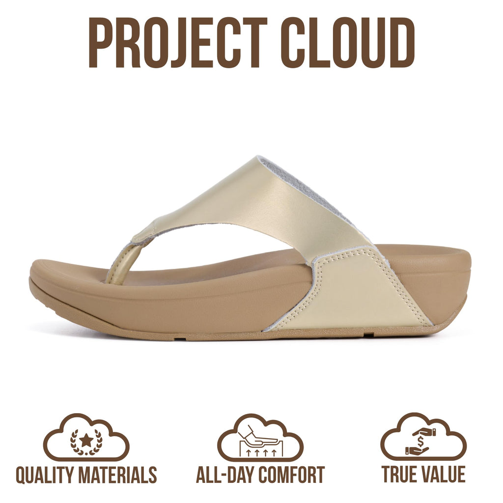 Project Cloud Genuine Leather Women’s Sandals – Thong Flip Flops with Plush Soft Insole, Arch Support & Non Slip Outsole – Comfortable Beach & Summer Slides (Arlo-GOLD-10)