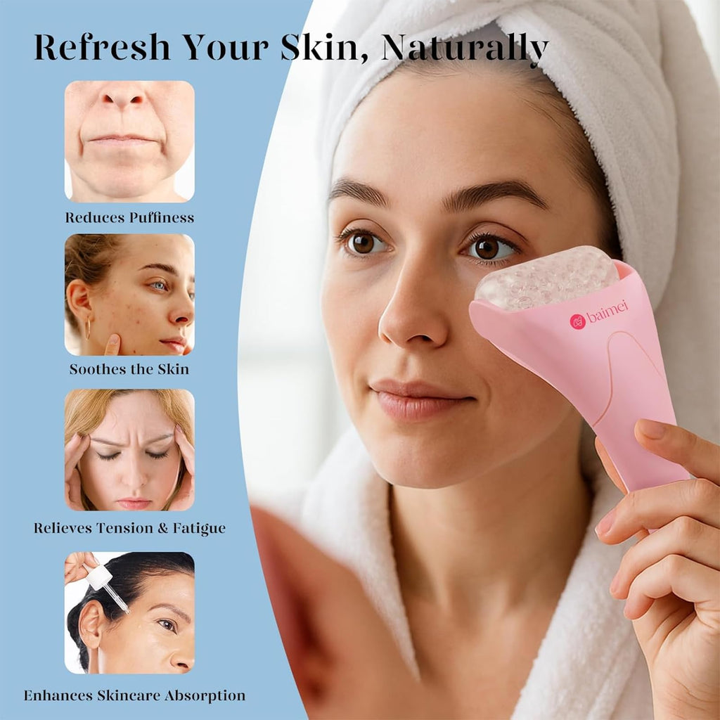 BAIMEI IcyMe Ice Roller for Face and Gua Sha Facial Tool Set, Ice Face Roller Reduces Puffiness Relieves Migraines Skin Care Tools, Self Care for Women - Pink