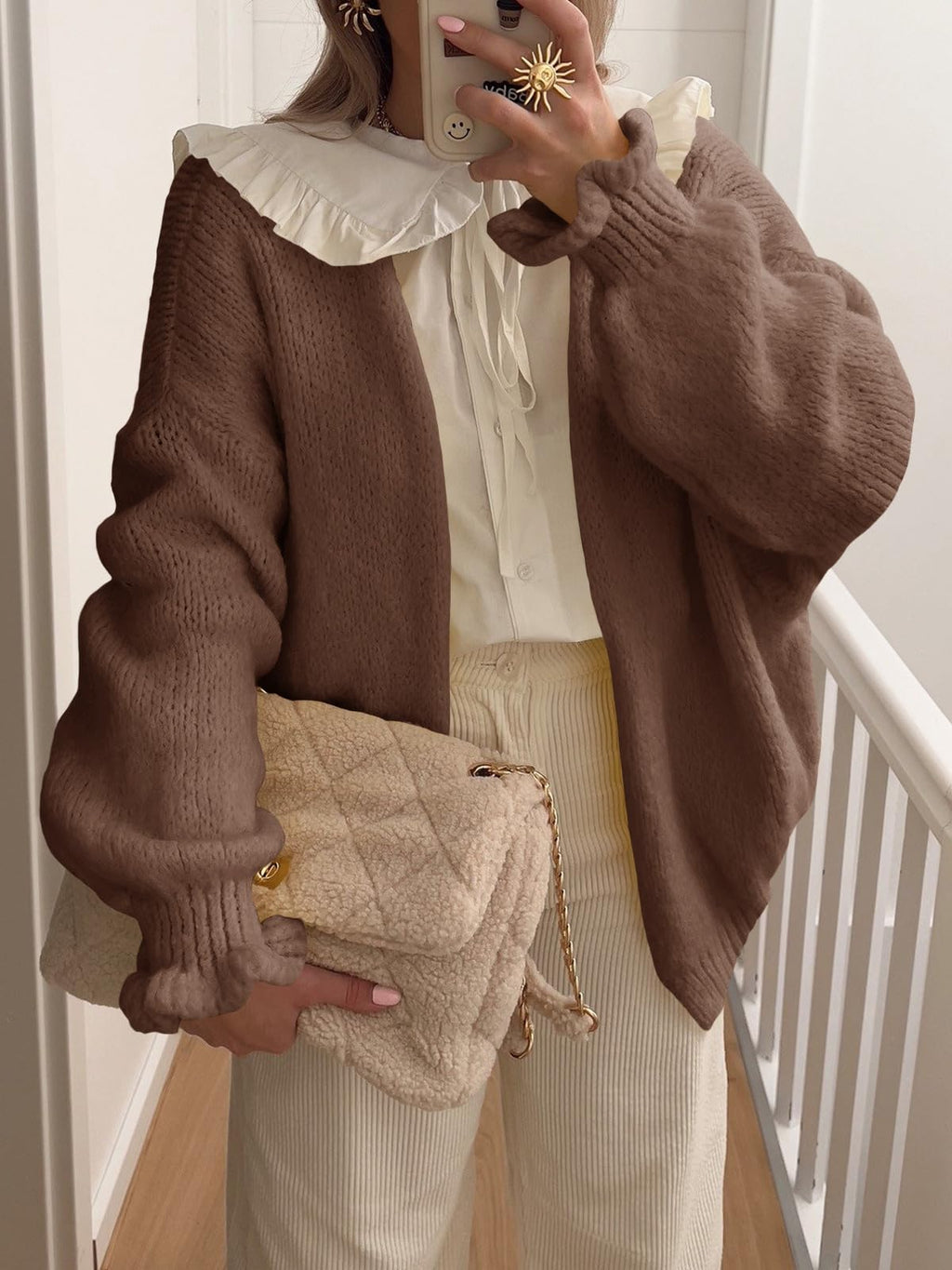 Saodimallsu Womens Oversized Open Front Cardigan Fall Ruffle Lantern Long Sleeve Chunky Knit Loose Sweater Coats Coffee
