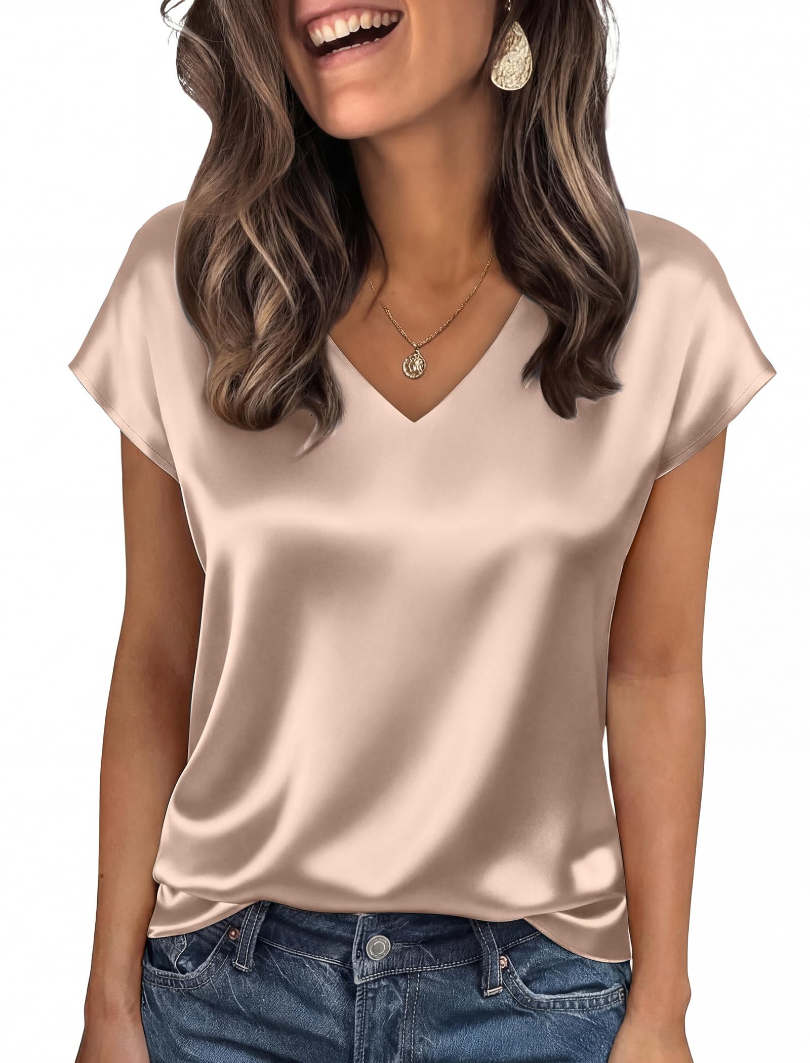 Summer Tops for Women Business Casual Outfits Spring Blouses Short Sleeve Tops V Neck T Shirts Satin Silk Blouse Professional Work Clothes Office Wear 2026 Fashion Clothing Begie S