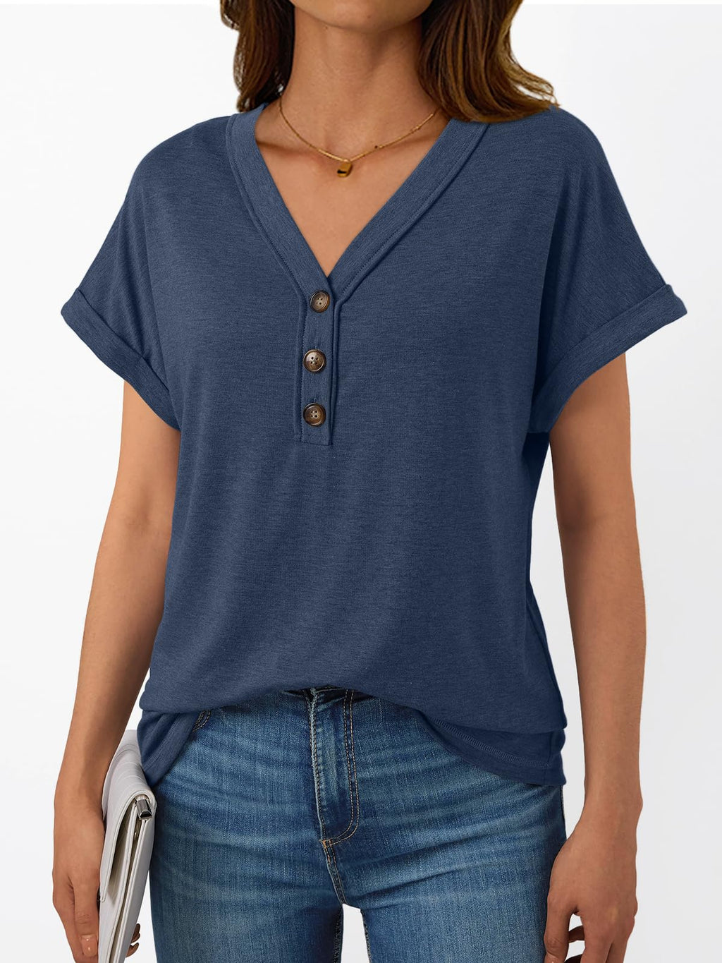 AUTOMET Short Sleeve V Neck T Shirts Womens 2026 Summer Business Casual Henley Tops Cap Sleeve Spring Fashion Clothes Dressy Lightweight Work Tshirts Loose Blouses Cute Outfits Clothing Navy Blue L