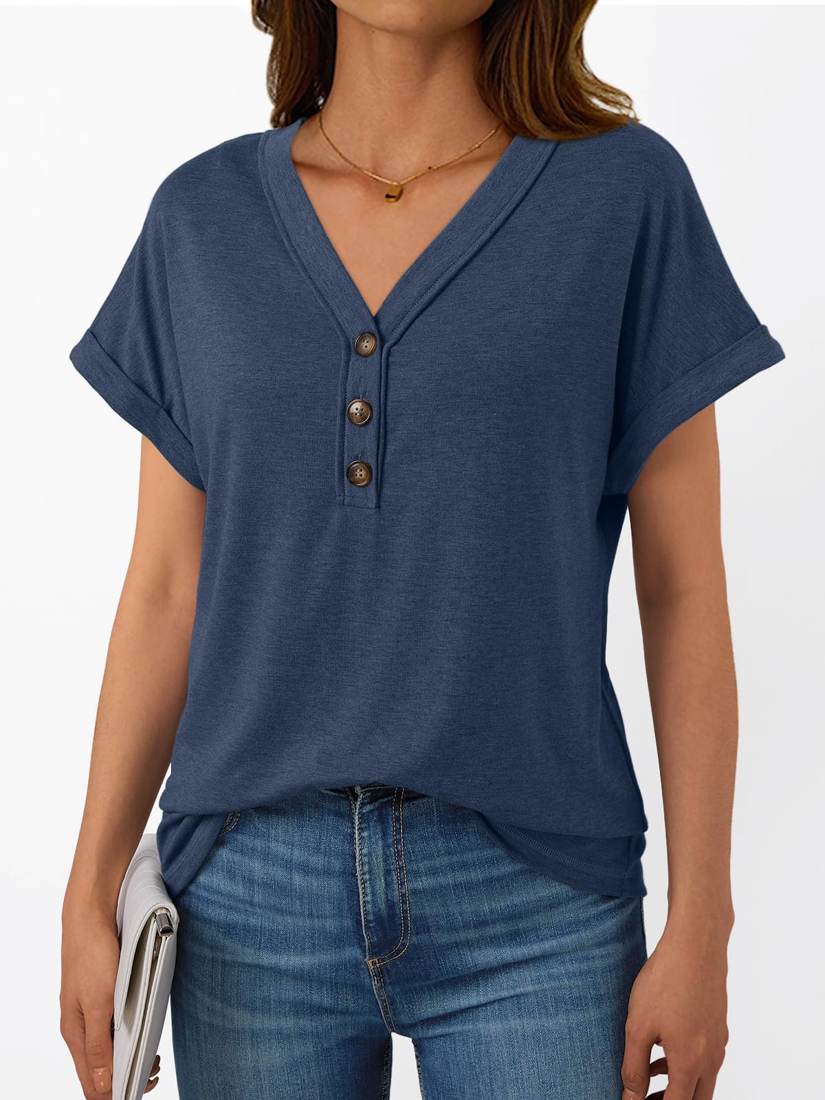 AUTOMET Short Sleeve V Neck T Shirts Womens 2026 Summer Business Casual Henley Tops Cap Sleeve Spring Fashion Clothes Dressy Lightweight Work Tshirts Loose Blouses Cute Outfits Clothing Navy Blue L