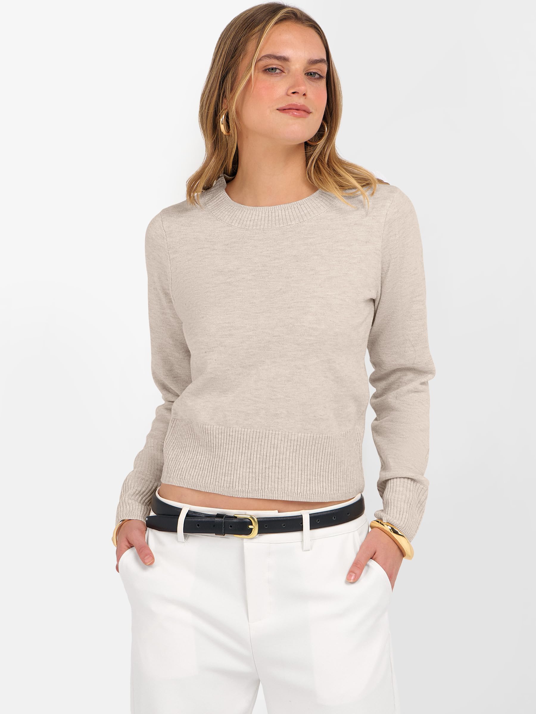 ANRABESS Women’s Long Sleeve Sweaters Cropped Crew Neck Business Casual Light Weight Sweater Tops Fall Fashion Clothes 2025 Light Almond S