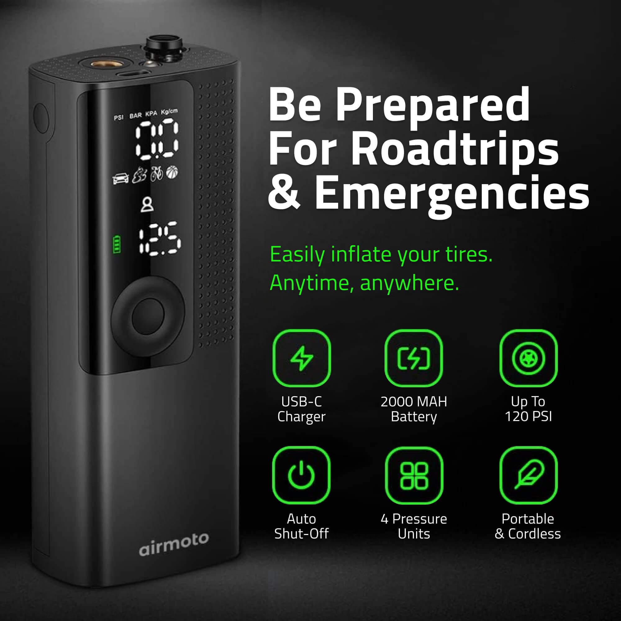 Airmoto and Power Kit Bundle Deal - 1 bundle - Tire Inflator Portable Air Compressor with Power Kit for Charging on The Road - Cordless Air Pump for Car Tires, Motorcycle, Bicycle, Balls