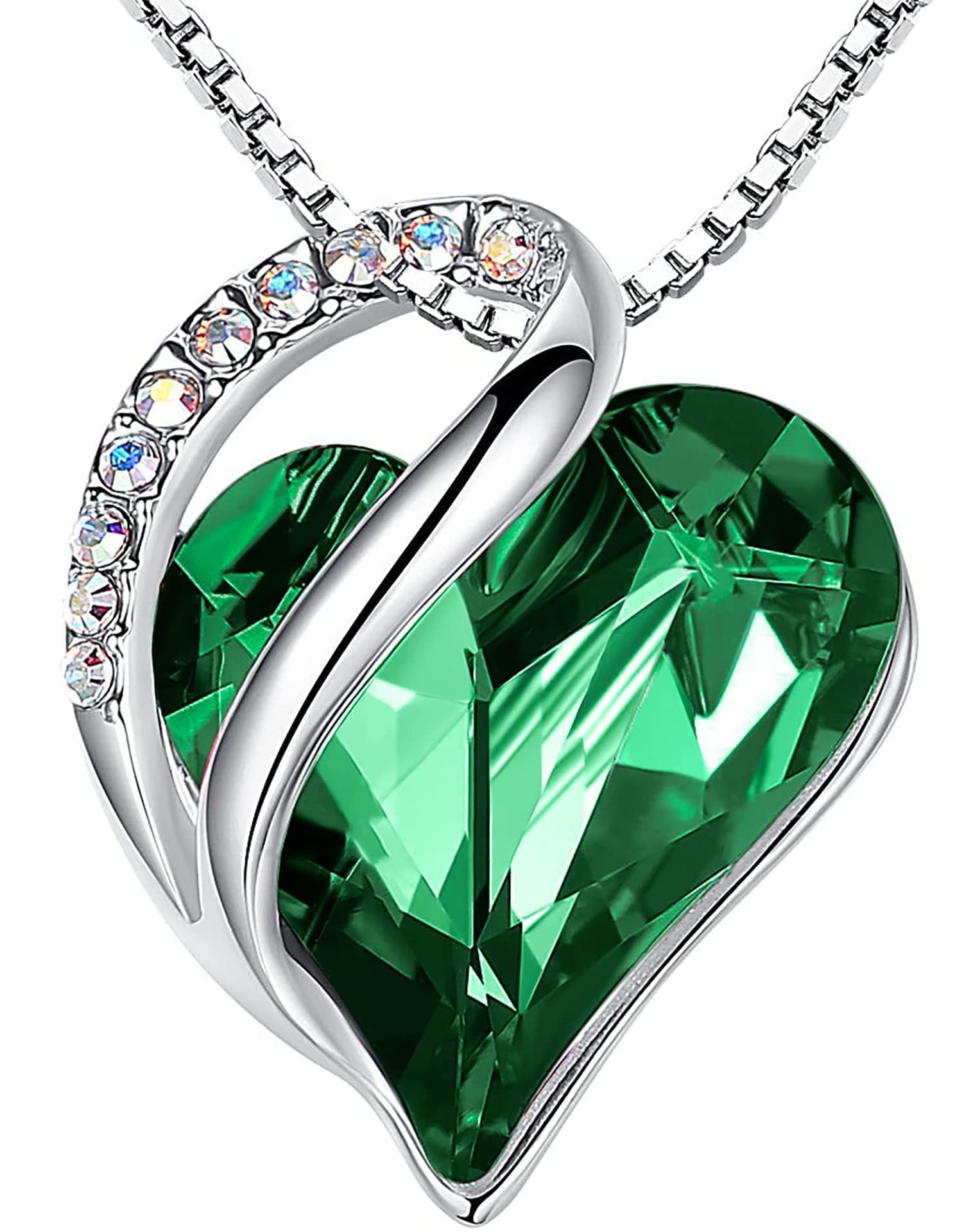 Leafael Mothers Day Gift Necklaces for Women, Infinity Love Birthstone Heart Pendant with Emerald Green Crystal for May, Birthday Jewelry for Her, Mom, and Wife, Silver Plated, 18 + 2 inch Chain