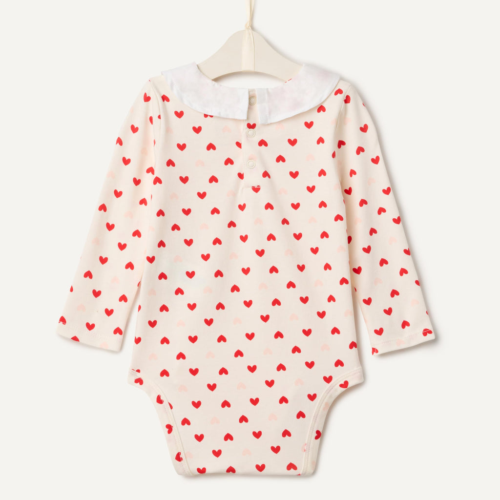 Amazon Essentials x Sofia Grainge Baby Girls' Long Sleeve Ruffle Collar Bodysuit, Pack of 2, Red/Hearts, 6-9 Months