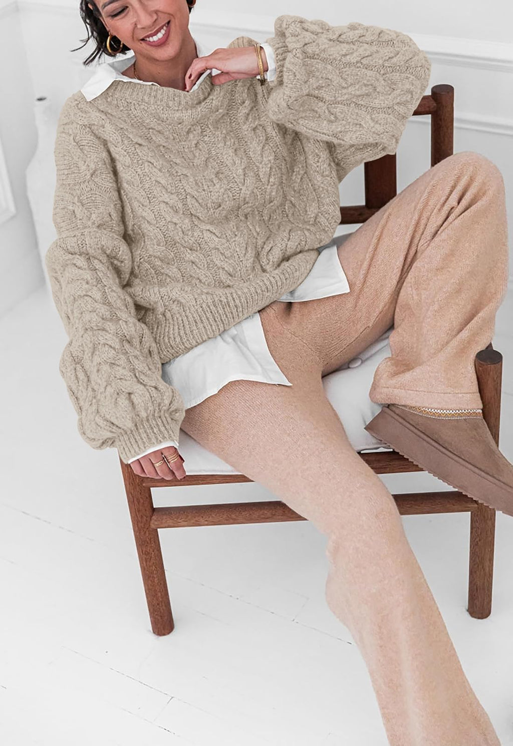 PRETTYGARDEN Womens Sweaters Fall 2026 Cable Knit Long Sleeve Crewneck Oversized Sweater Chunky Pullover Loose Outfits (Khaki, Small)