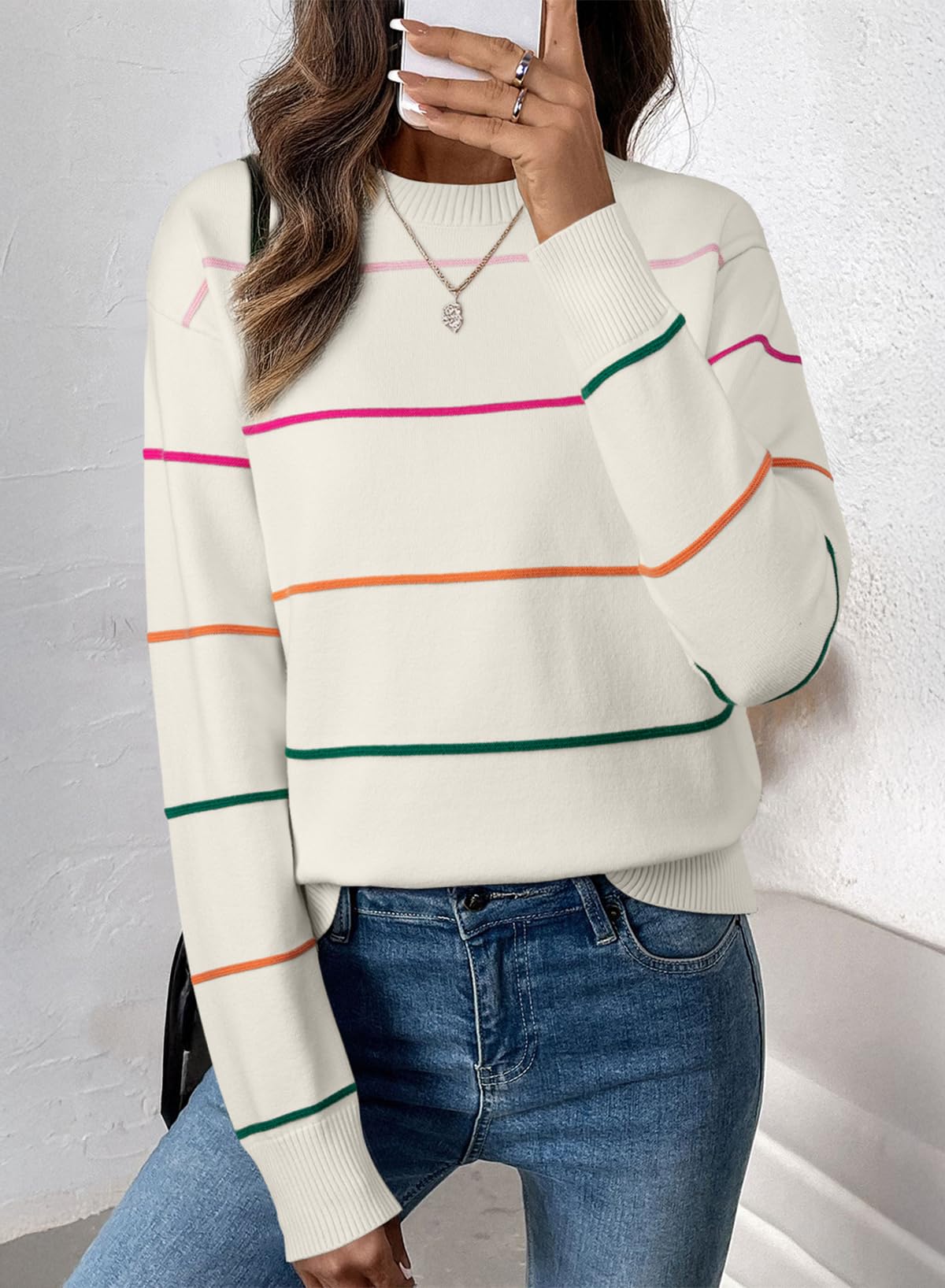 SHEWIN Sweaters for Women Crew Neck Womens Fall Tops Casual Striped Sweater Women Lightweight Womens Tops Dressy Casual Fall Clothes White XX-Large