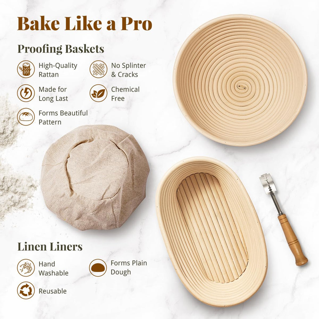 BAVIFY Sourdough Starter Kit, 9" Round & 10" Oval Banneton Bread Proofing Baskets Set, Sourdough Bread Baking Supplies Making Tools with Dough Scraper, Whisk, Bread Lame, Silicone Sling, Recipe