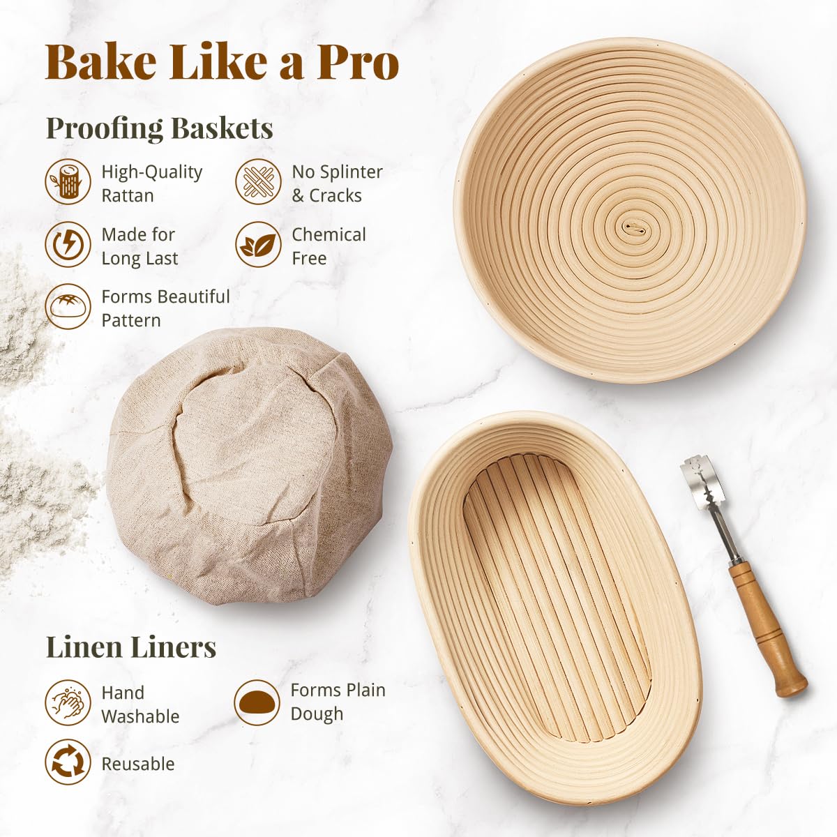 BAVIFY Sourdough Starter Kit, 9" Round & 10" Oval Banneton Bread Proofing Baskets Set, Sourdough Bread Baking Supplies Making Tools with Dough Scraper, Whisk, Bread Lame, Silicone Sling, Recipe