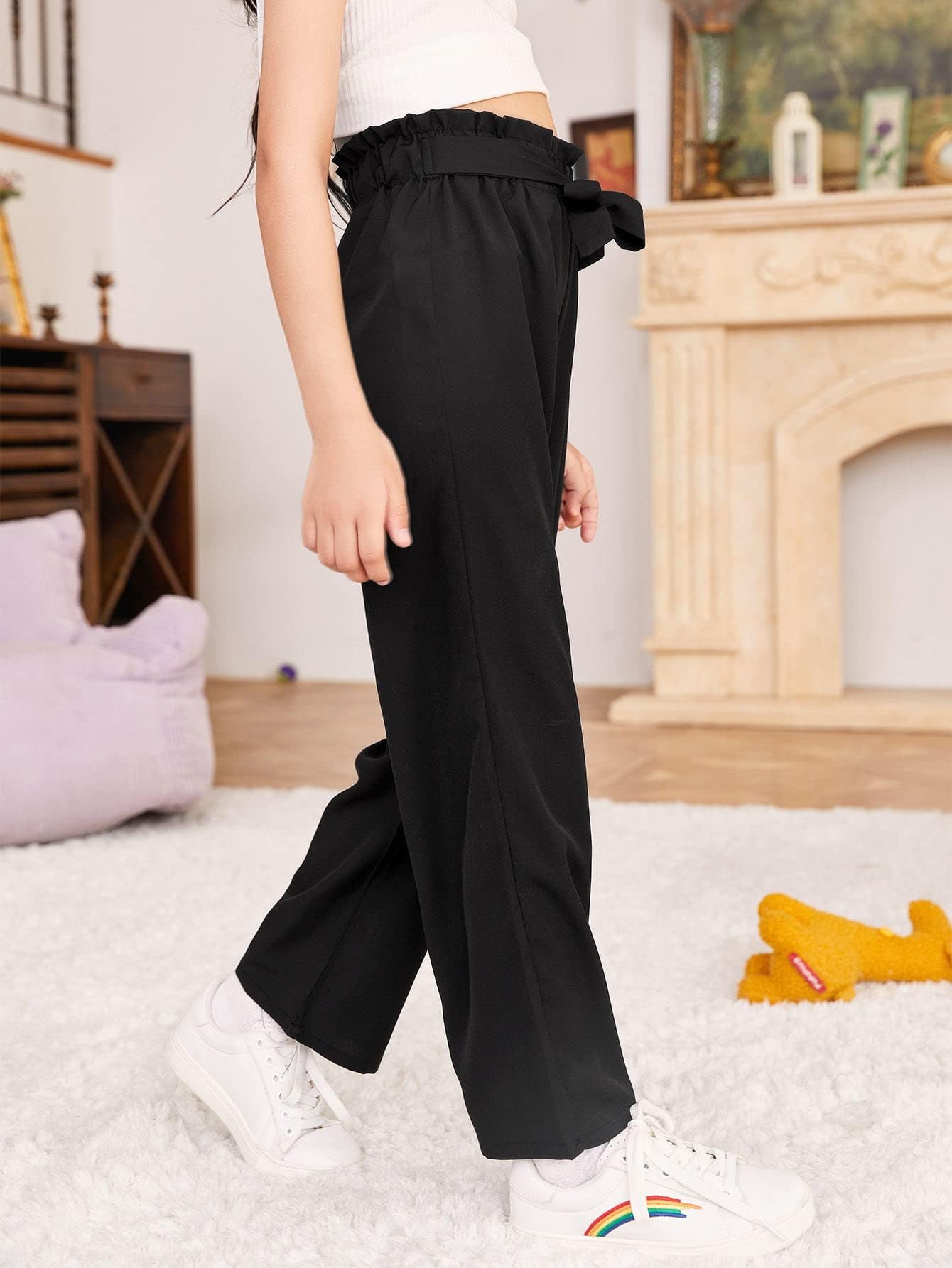 WDIRARA Girl's Paper Bag Waist Belted Wide Leg Pants Casual Elastic High Waist Pants Black 15Y