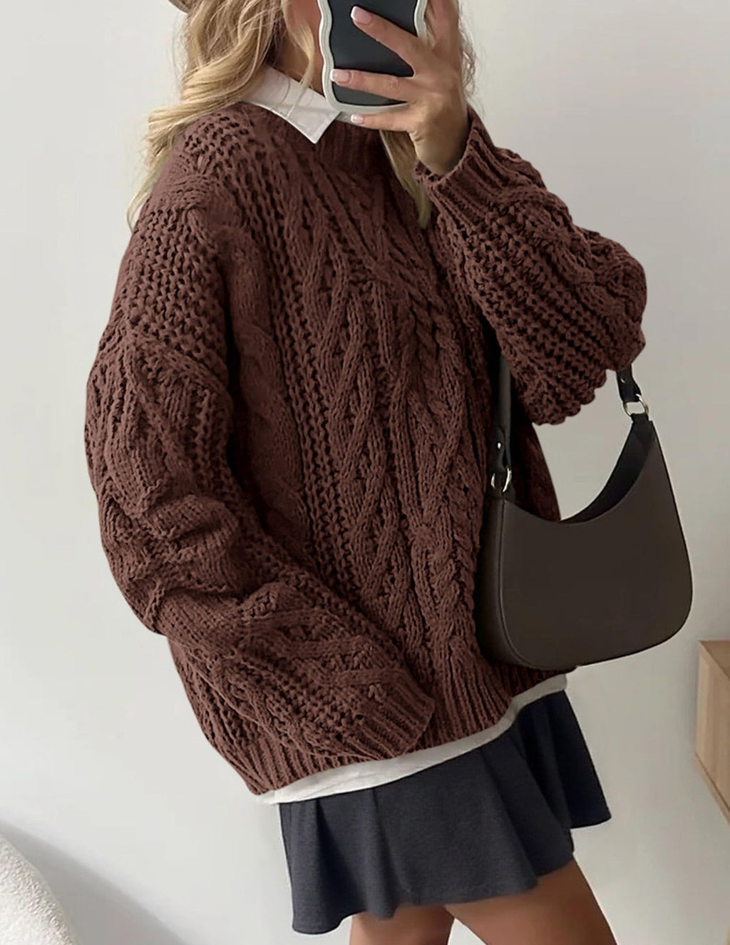 PRETTYGARDEN Women's Oversized Fall Sweaters 2026 Casual Long Sleeve Crewneck Chunky Cable Knit Pullover Tops Winter Clothes (Coffee,Medium)