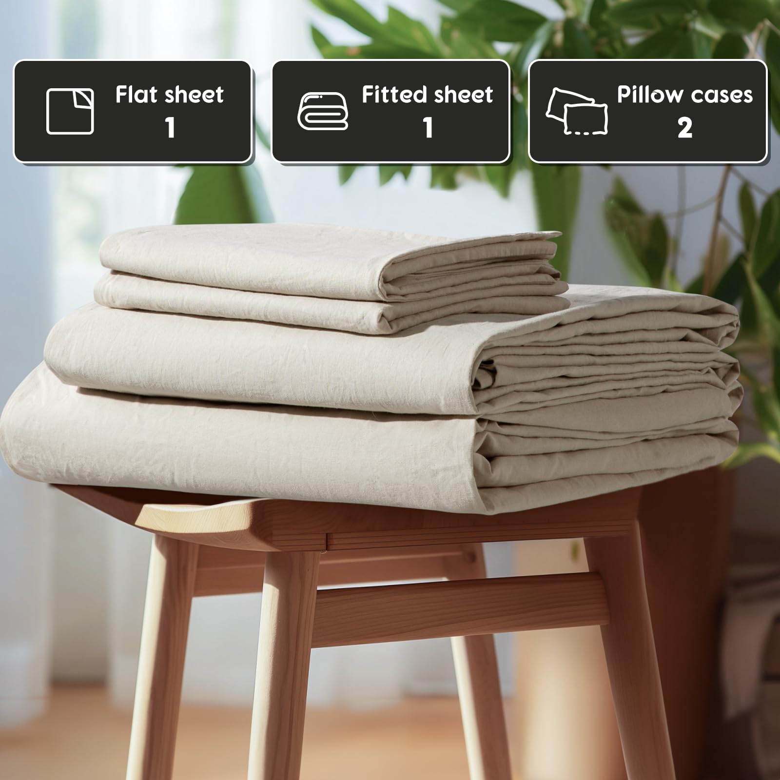 SONORO KATE 100% French Pure Linen Sheets, Breathable and Durable Linen King Size Sheets, Anti-Tear Linen Bed Sheets, Machine Washable, 16 Inch Deep Pocket - 4 Piece (Natural Linen, King)