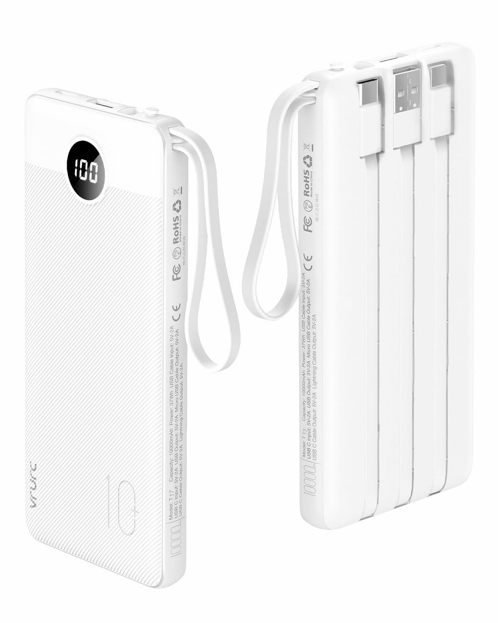 VRURC Power Bank for iPhone, 22.5W Fast Charging Phone Charge with Built-in Cables,10000mAh USB C in & Out Cord Portable Charger,Slim Lightweight Charging Bank Travel Essentail-White(1 Pack)