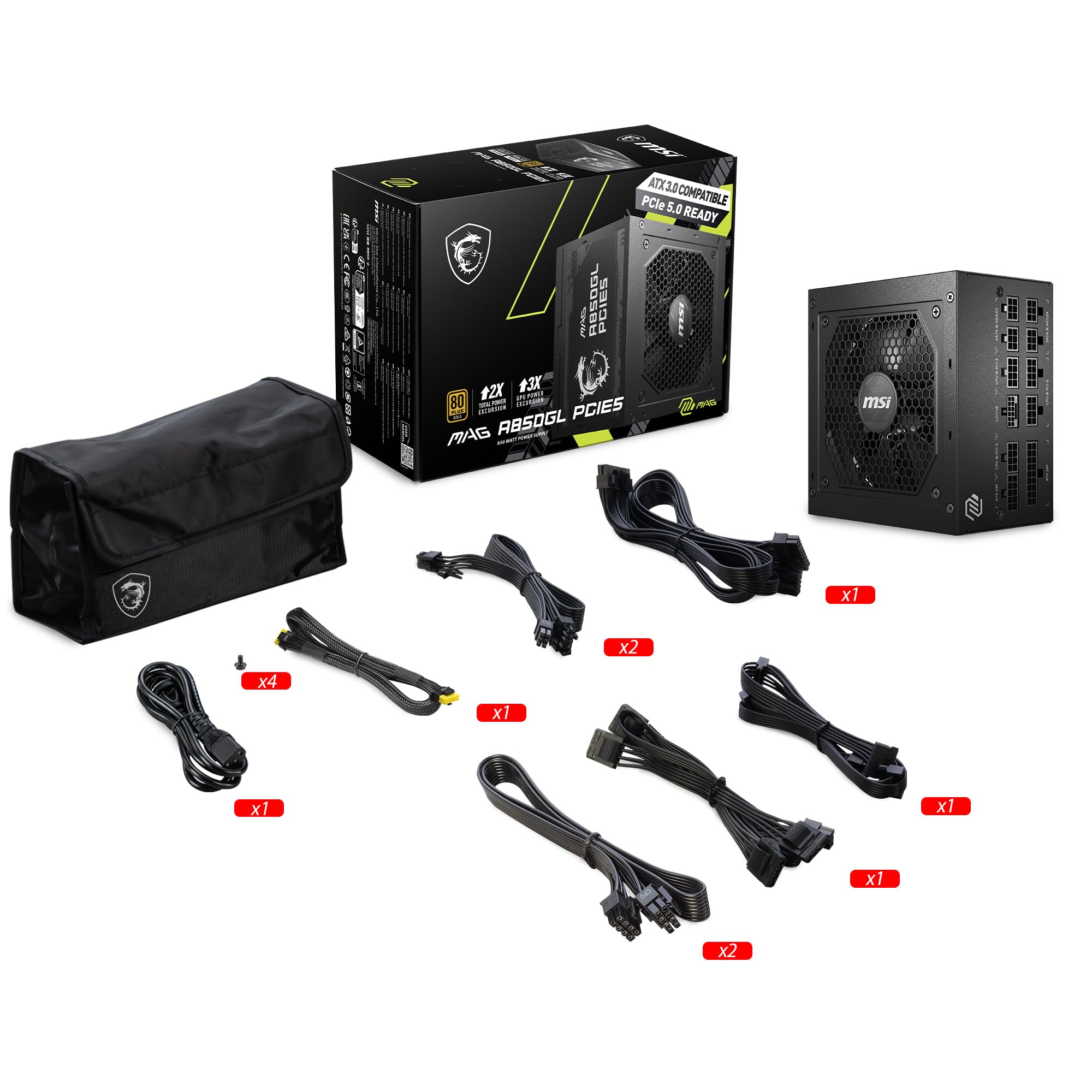 MSI MAG A850GL PCIE5, Fully Modular Compact Gaming 850W Power Supply, 80+ Gold, ATX 3.1 & PCIe 5.1 Ready, Native Dual-Color 12V-2x6 Cable, 10 Year Warranty
