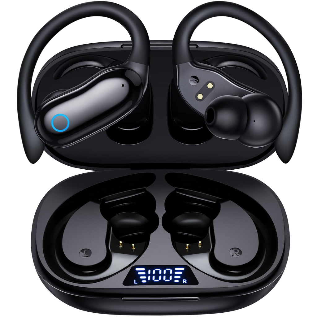 GNMN Active Noise Cancelling Ear Buds Wireless Earbuds 96hrs Playback Bluetooth Headphones Dual Battery Display Stereo Bass Earphones with Earhooks (Standard, Black)
