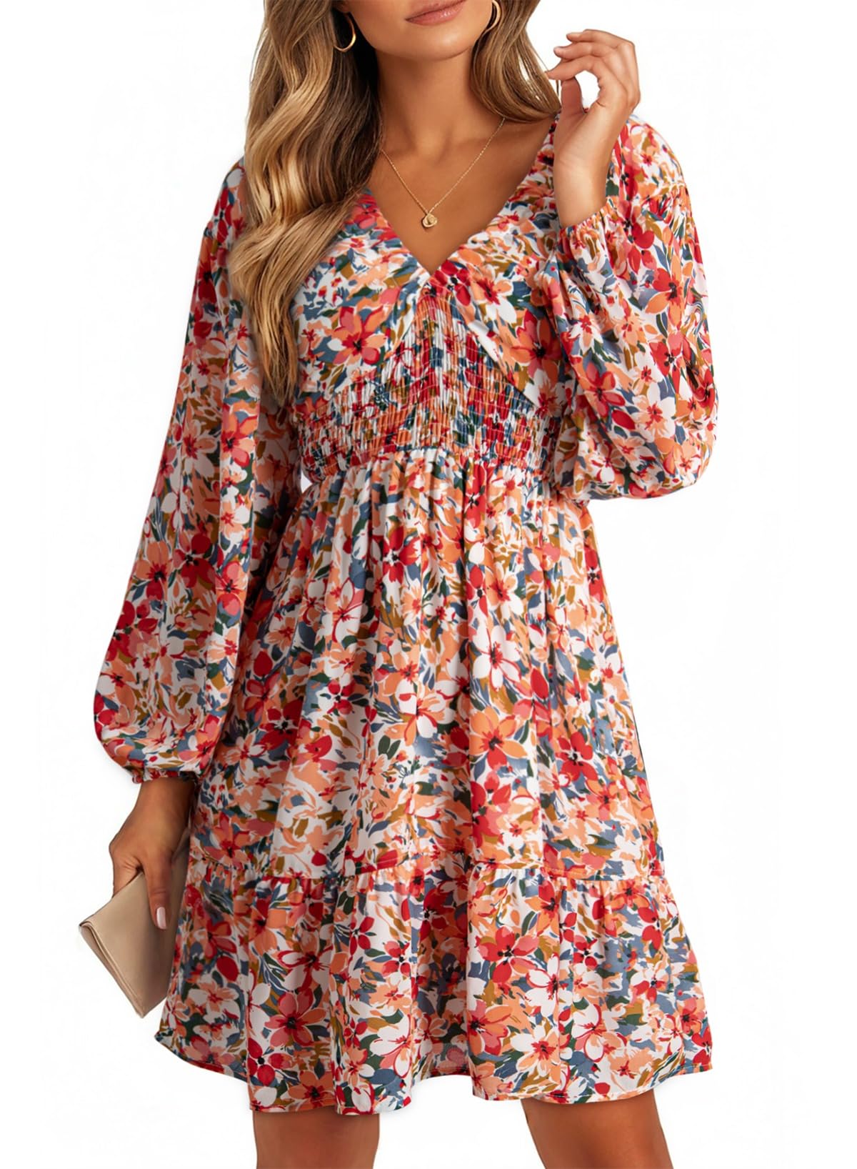 Dokotoo Fall Dresses for Women 2025 Casual Boho Floral V Neck Long Sleeve Smocked Waist A-Line Cute Swing Dress Country Concert Outfits Beach Vacation Clothes Flowy Sundresses Multicolored Large