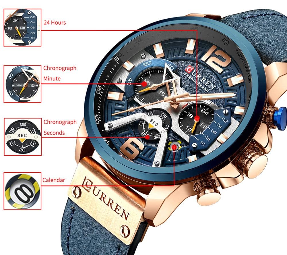 FANMIS Mens Luxury Watches Business Chronograph Dress Waterproof Leather Strap Analog Quartz Wrist Watch (Blue Rose)