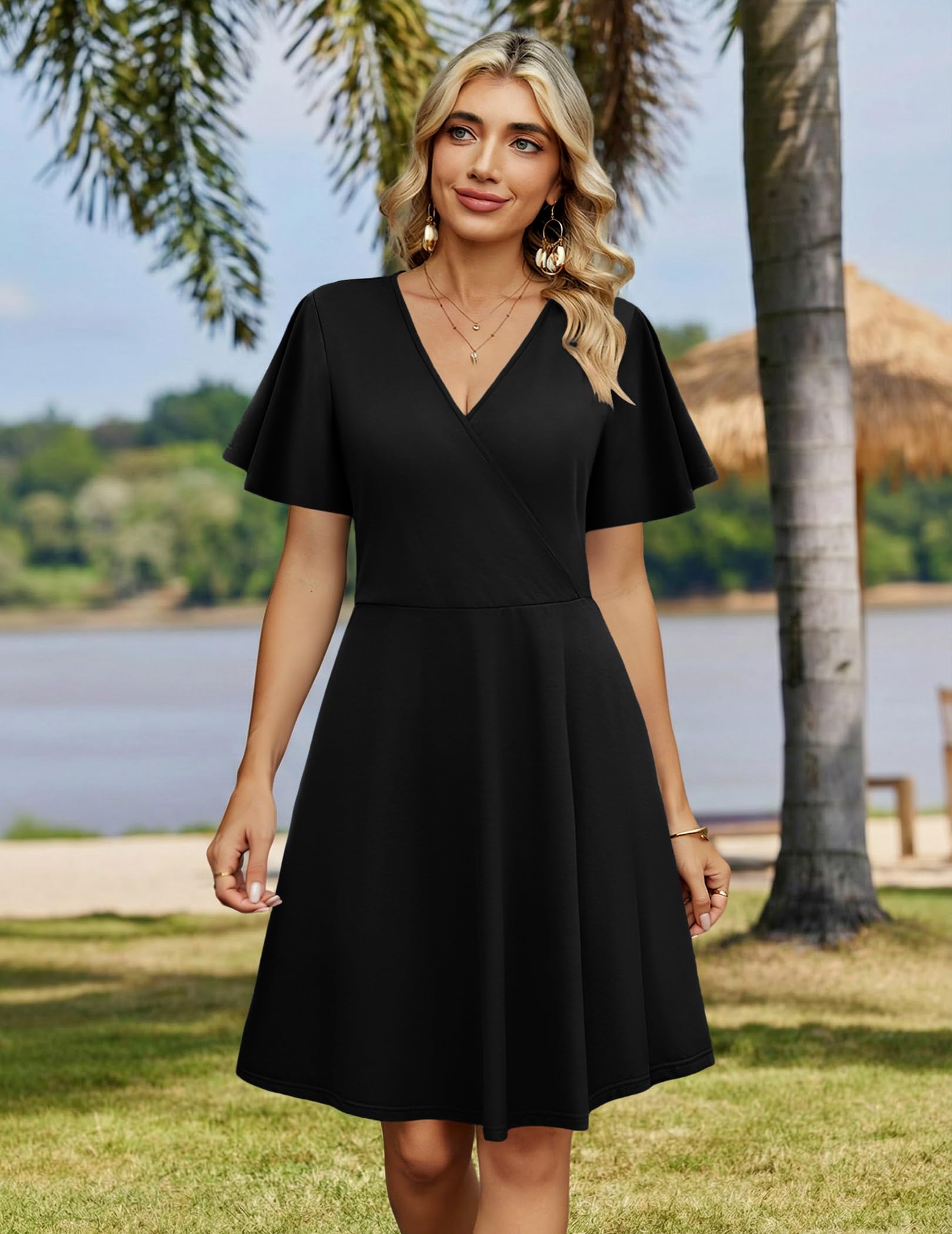 Zeagoo Zeago Dresses for Women Sundress Summer Black Dresses Wrap V Neck Beach Hawaiian Ruffle Short Sleeve Midi Dress with Pockets