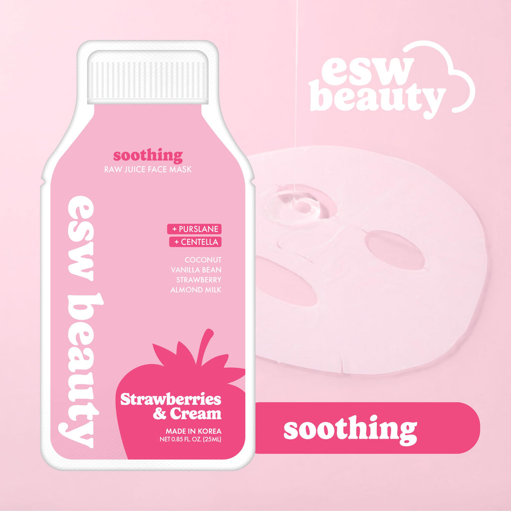 ESW Beauty Strawberries & Cream Sheet Mask - Raw Juice Hydrating Face Mask - Calming with Coconut, Vanilla Bean, Almond Milk & Strawberry for Sensitive Skin - Reduces Redness & Nourishes