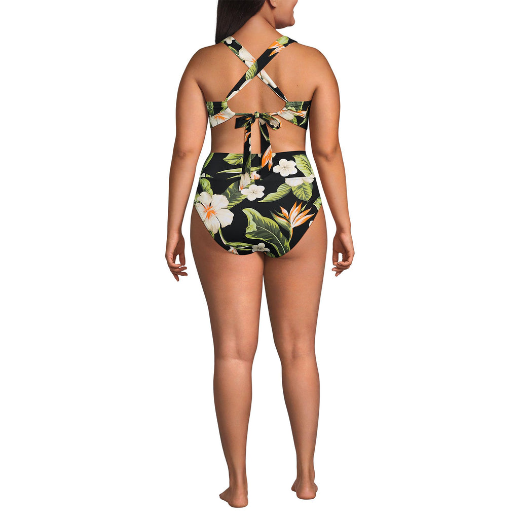 Lands' End Women's V-Neck Bikini and High Waisted Bottom Swimsuit Set X-Small Hibiscus Floral/Black