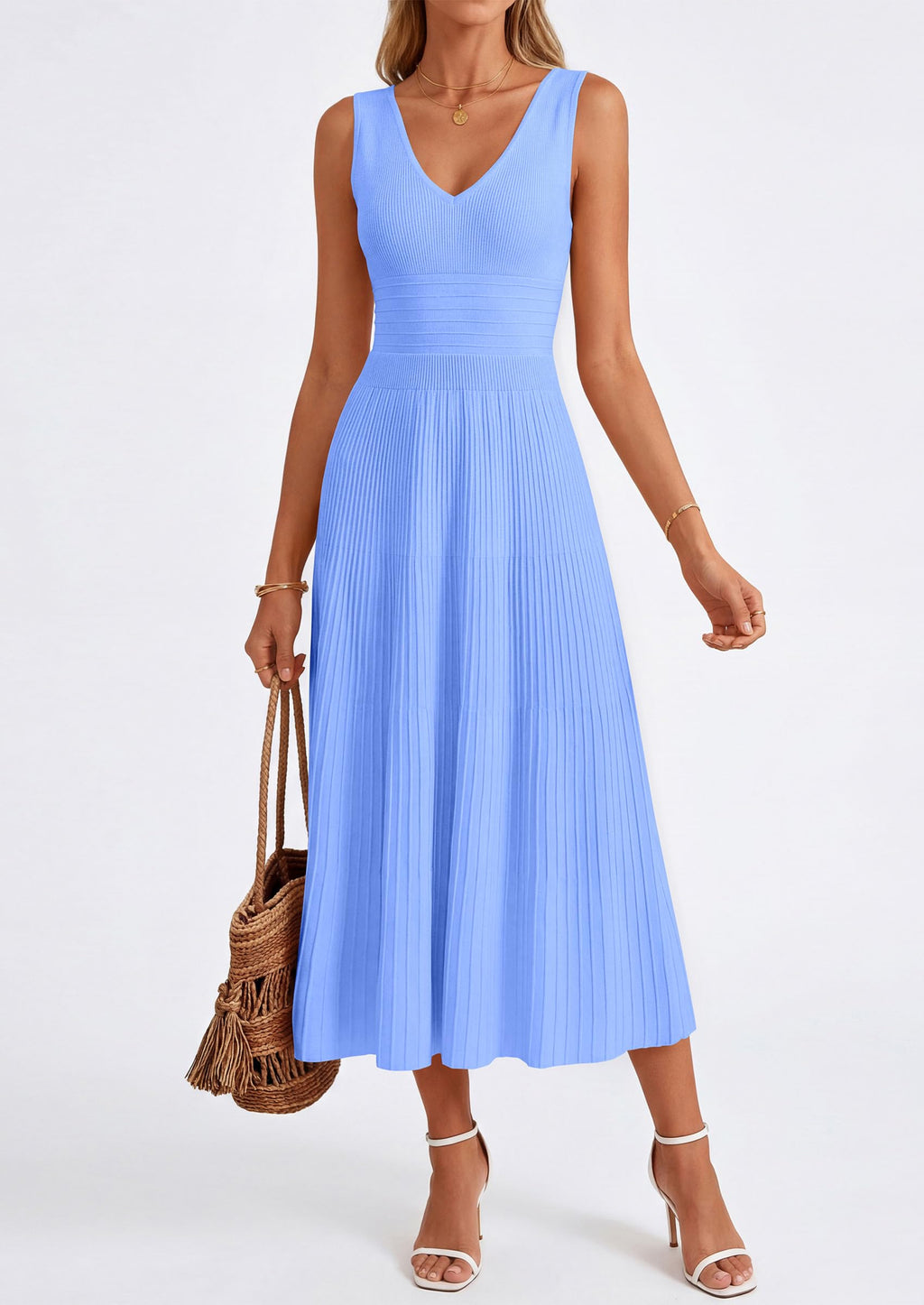 PRETTYGARDEN Summer Dresses for Women 2026 Spring Casual Sleeveless V Neck Pleated Midi Work Cocktail Wedding Guest Dress(Light Blue,X-Large)
