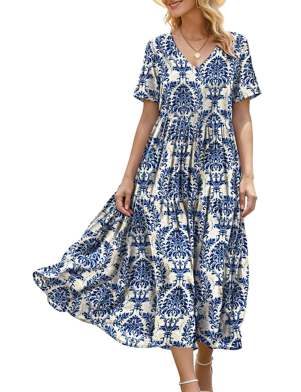YESNO Women's Summer Maxi Dresses Casual Floral Short Sleeve V Neck Boho Beach Vacation Swing Dress with Pockets 2XL EVF CR425B