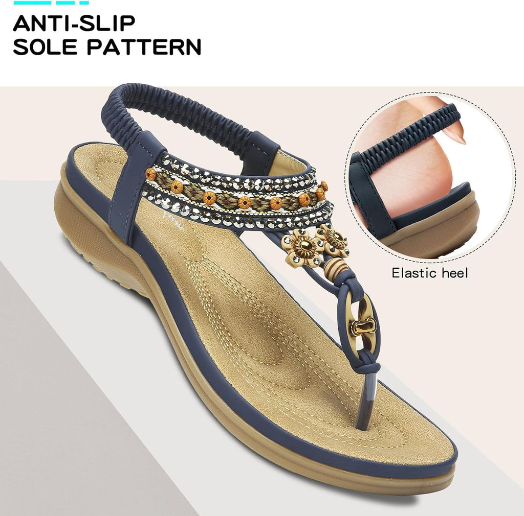 Littleplum Womens Sandals Arch Support Summer Beach Sandals Comfort Walking Shoes Bohemian Flip Flops Sandals for Women Blue Size 8.5