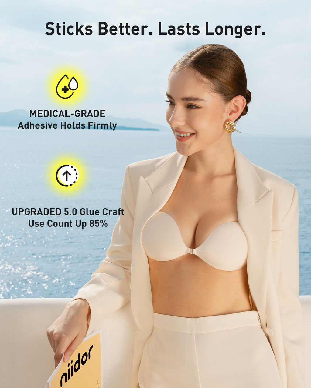 Niidor Women's Silicone Adhesive Bra, Invisible Sticky Bra, Strapless Backless Reusable Bra for Wedding Dress Off-White
